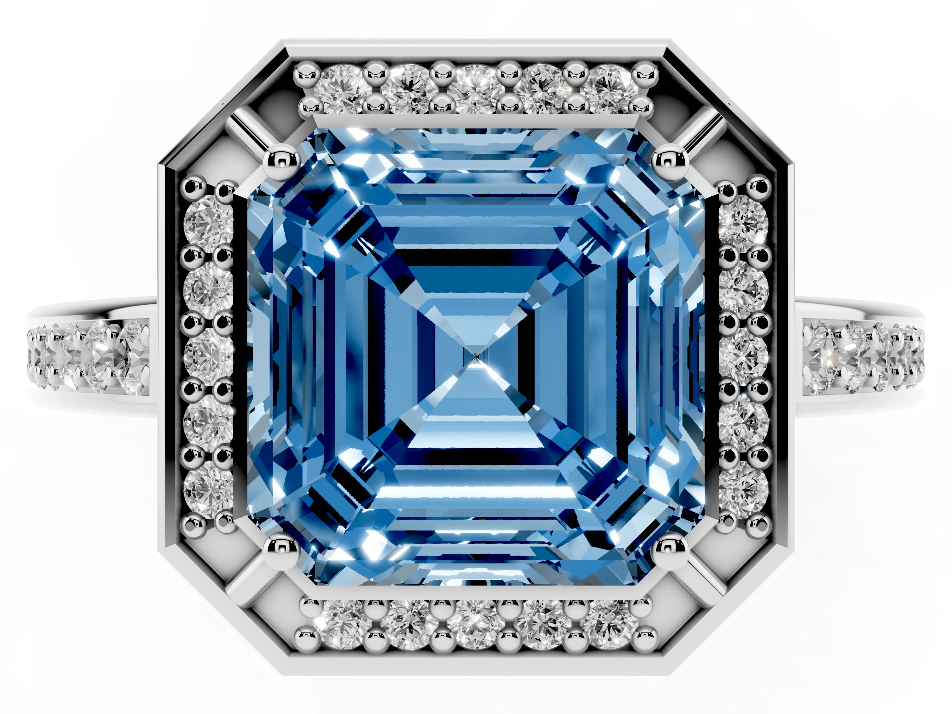 Fancy Blue Asscher Cut Diamond Halo Pavé Split Shank Ring Set in White gold with Prong Setting