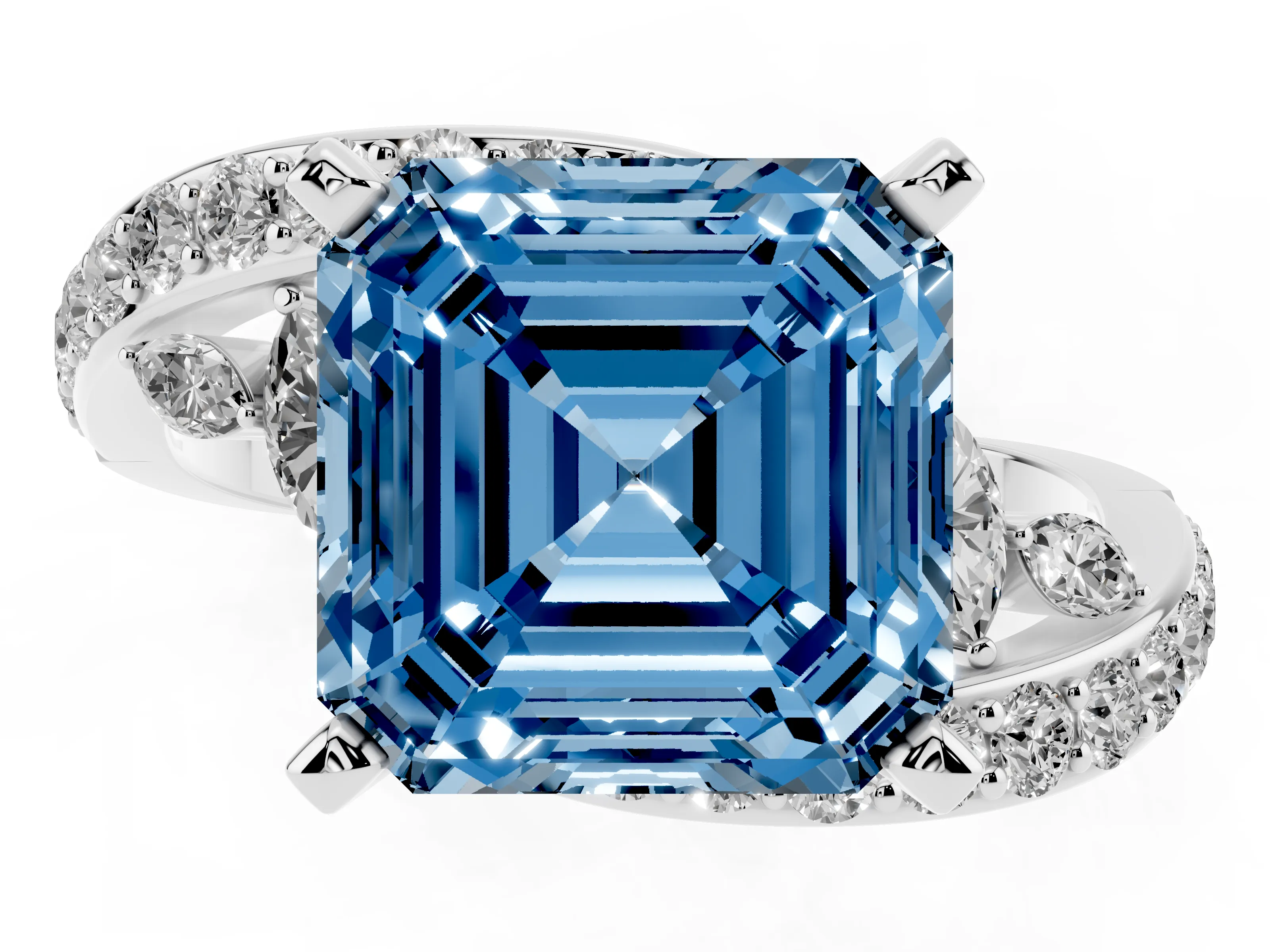 Fancy Blue Asscher Cut Diamond Solitaire Ring Set in Silver with Pavé Twist Band and Secure Prong Setting
