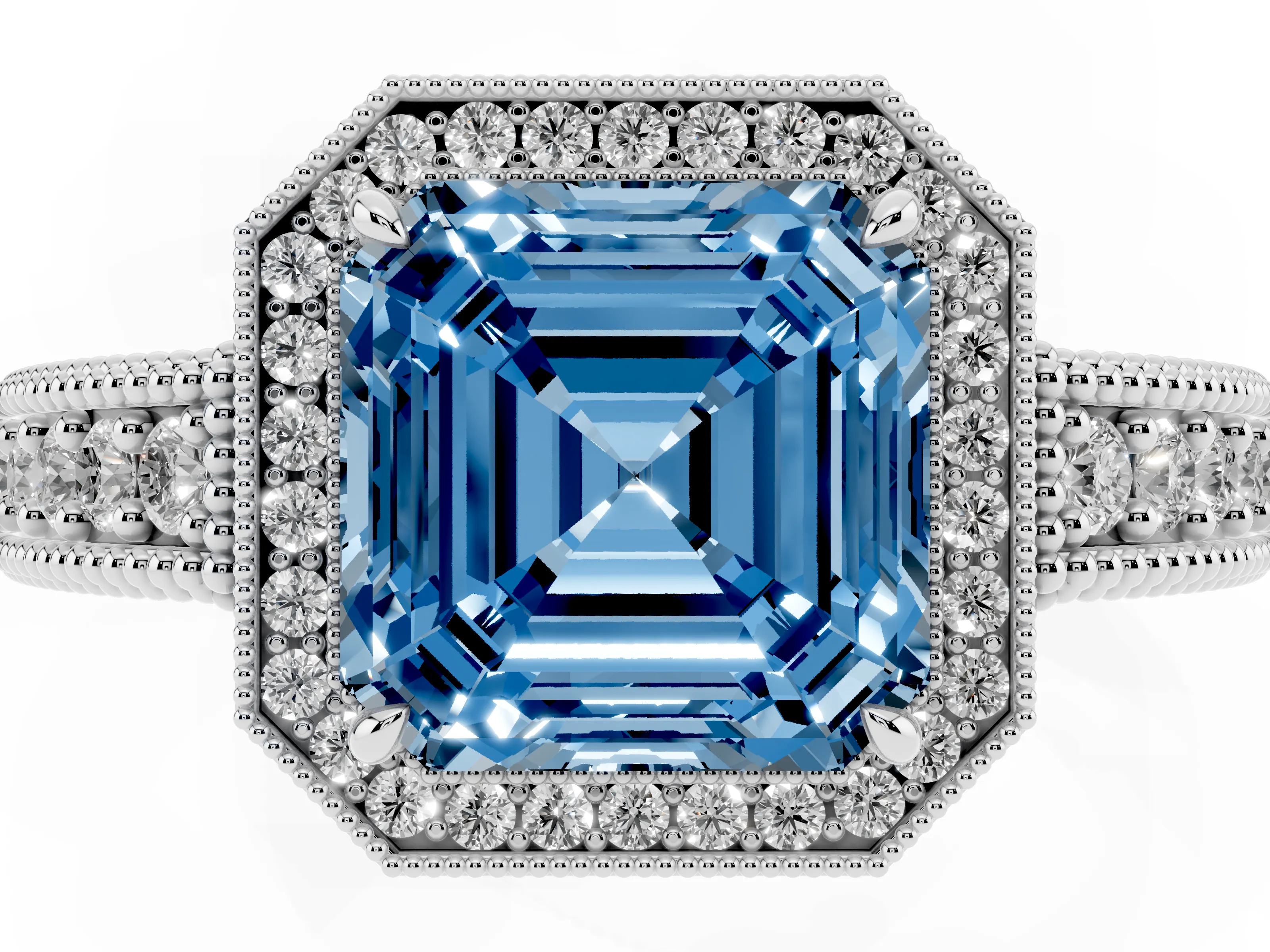 Fancy Blue Asscher Cut Diamond Halo Ring Set in White gold with Round Accent Halo, Pavé Band and Prong Setting