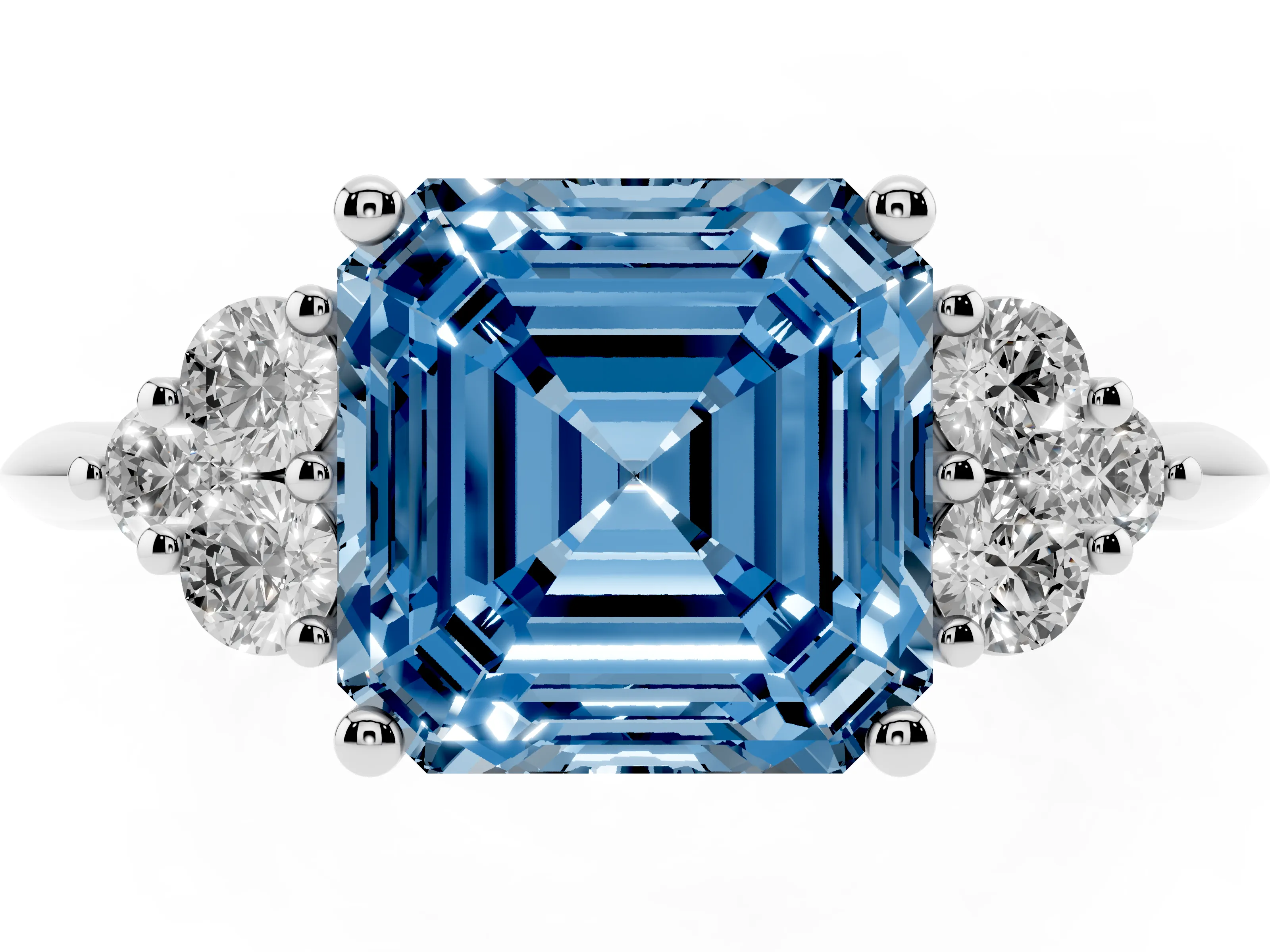 Fancy Blue Asscher Cut Diamond Cluster Ring Set in White gold with Plain Band and Prong Setting