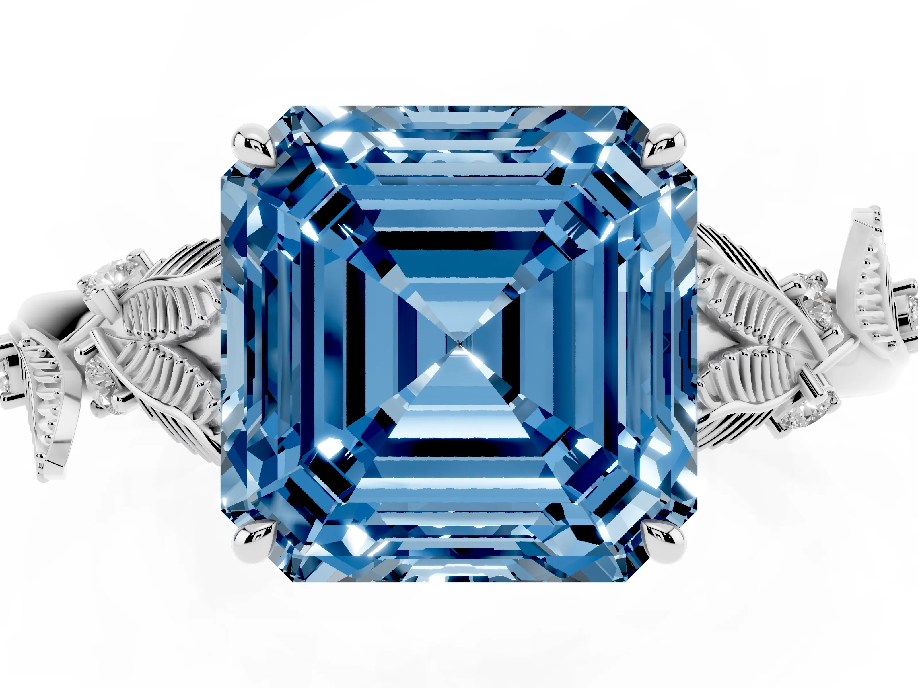 Fancy Blue Asscher Cut Diamond Solitaire Ring Set in White gold with Leaf Motif Band