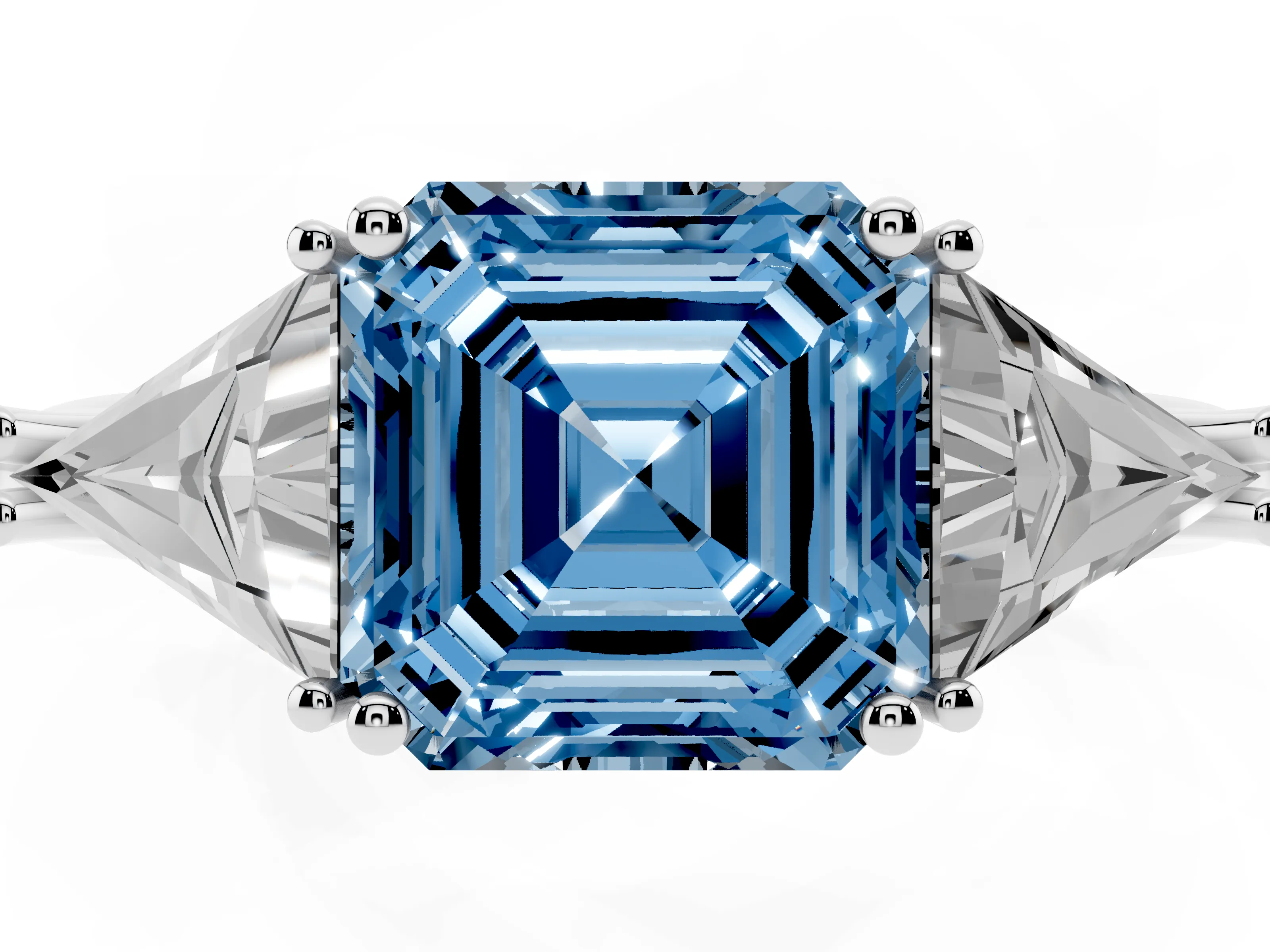 Fancy Blue Asscher Cut Diamond Three-Stone Engagement Ring Set in Silver with Trillion Side Stones