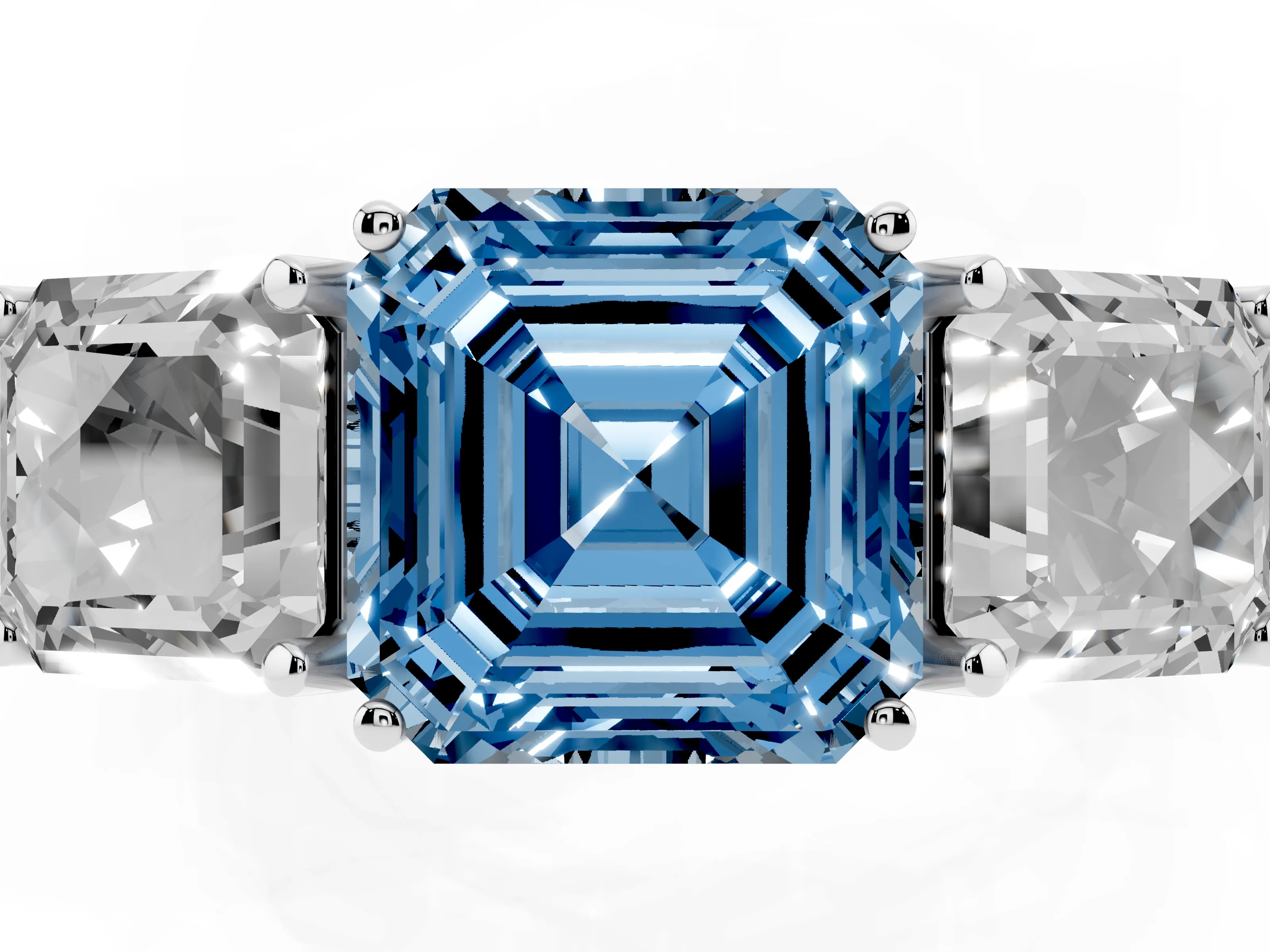 Fancy Blue Asscher Cut Diamond Three-Stone Engagement Ring Set in Silver with Milgrain Pavé Band