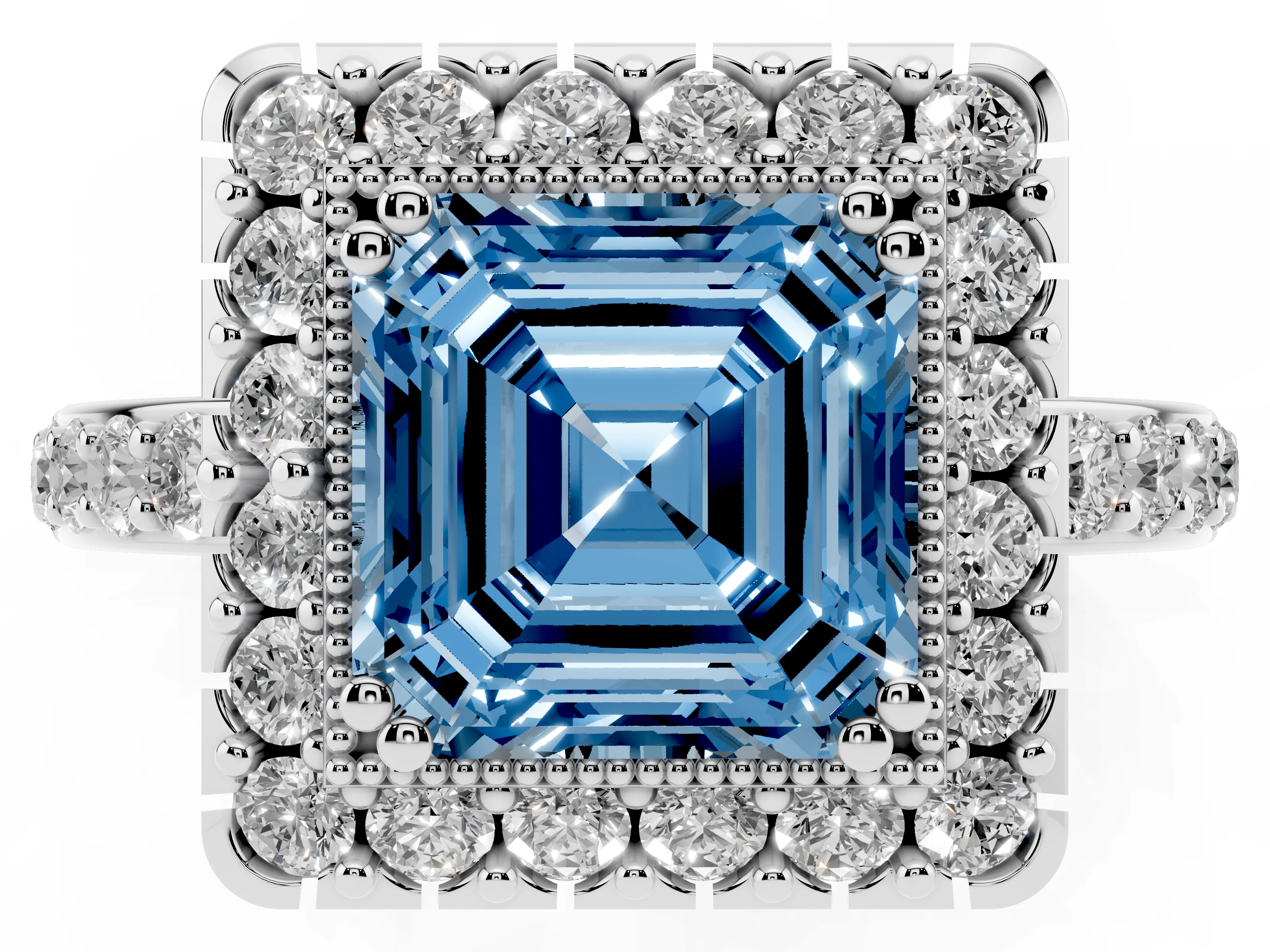 Fancy Blue Asscher Cut Diamond Halo Ring Set in Platinum with Pavé Shank and Prong Setting