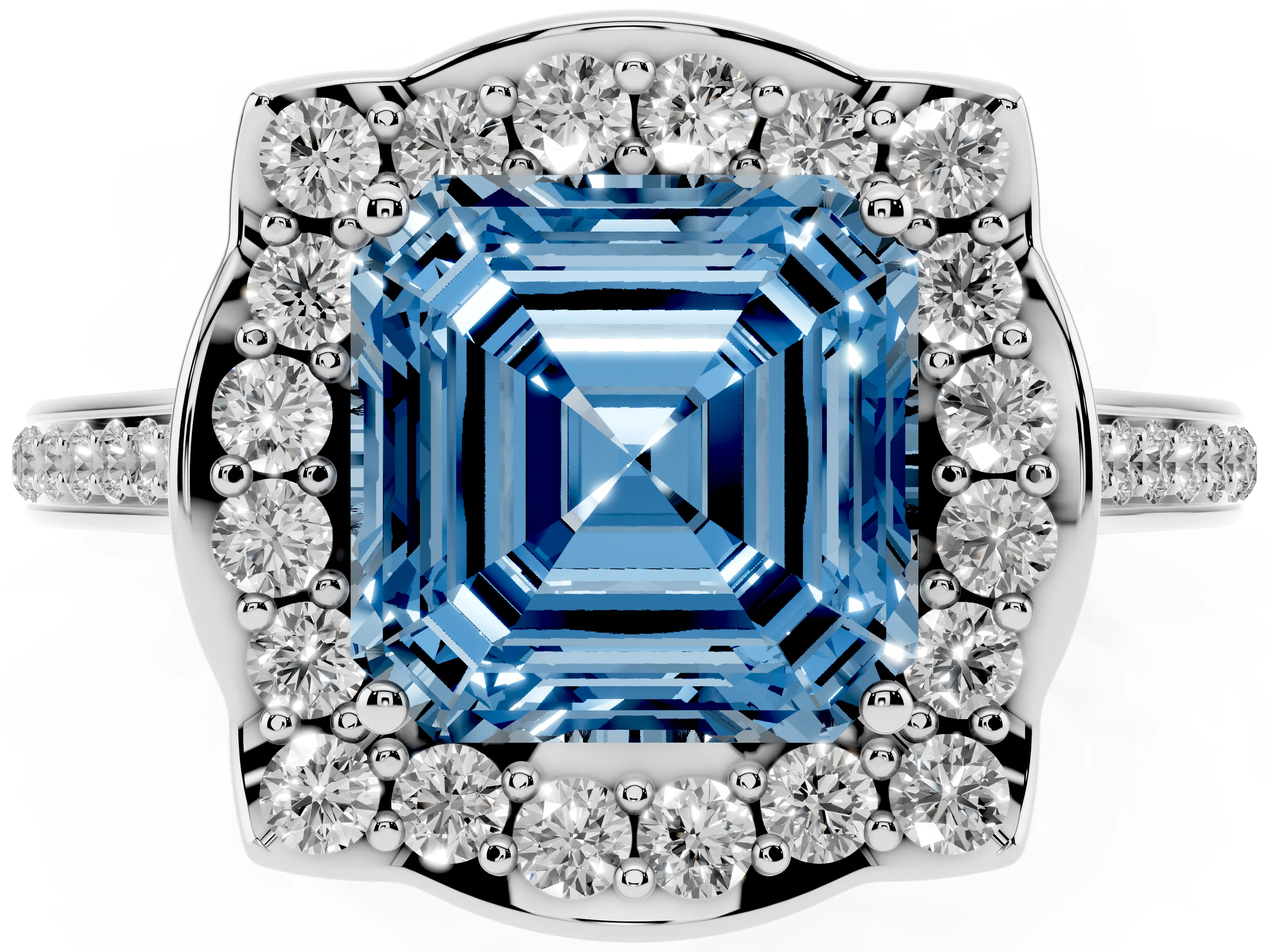 Fancy Blue Asscher Cut Diamond Halo Ring Set in Platinum with Pavé-Lined Shoulders and Prong Setting