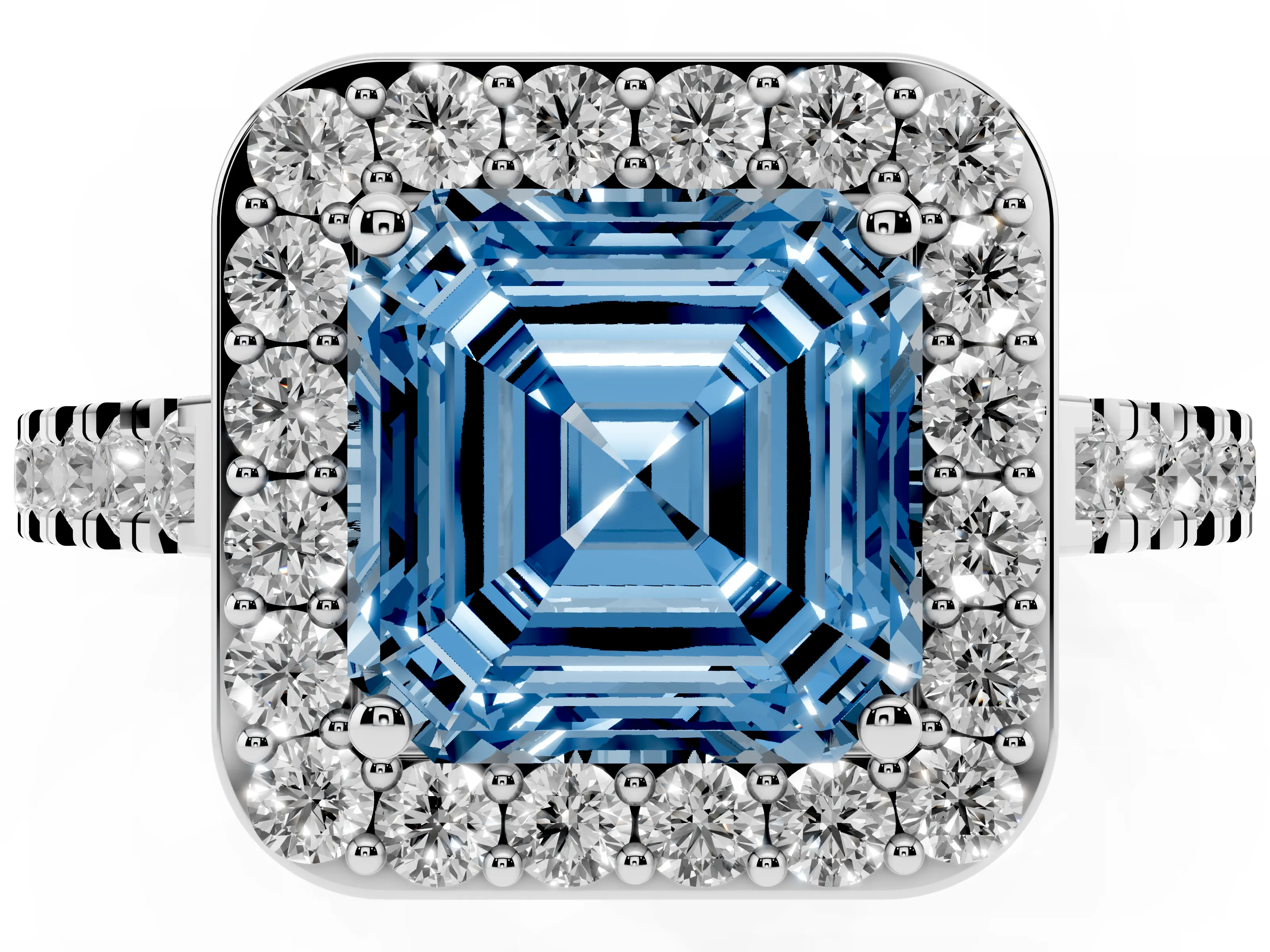 Fancy Blue Asscher Cut Diamond Halo Ring Set in Silver with Round Pavé Split Shank and Prong Setting