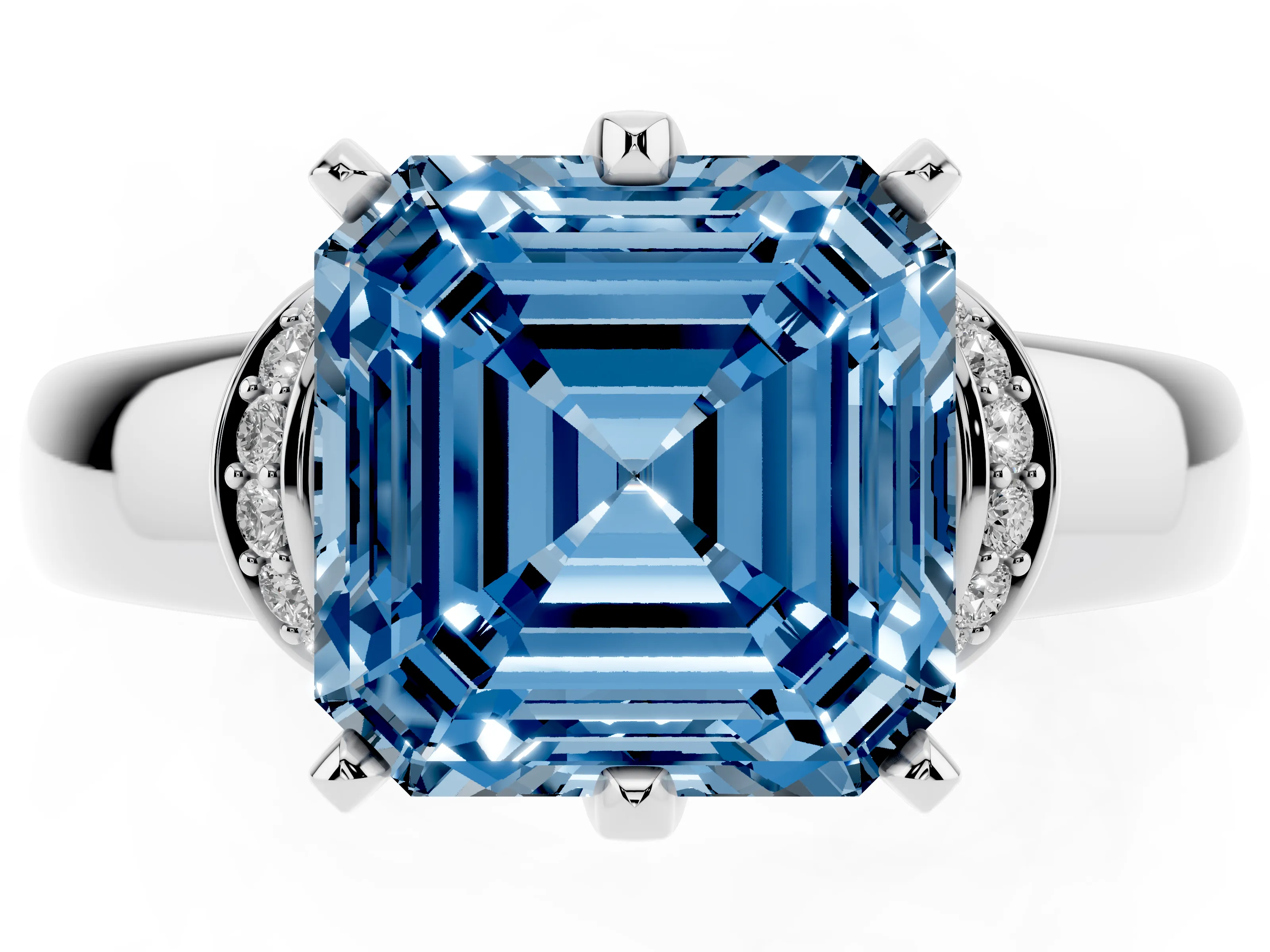 Fancy Blue Asscher Cut Diamond Pavé Band Solitaire Ring Set in Silver with Prong Setting