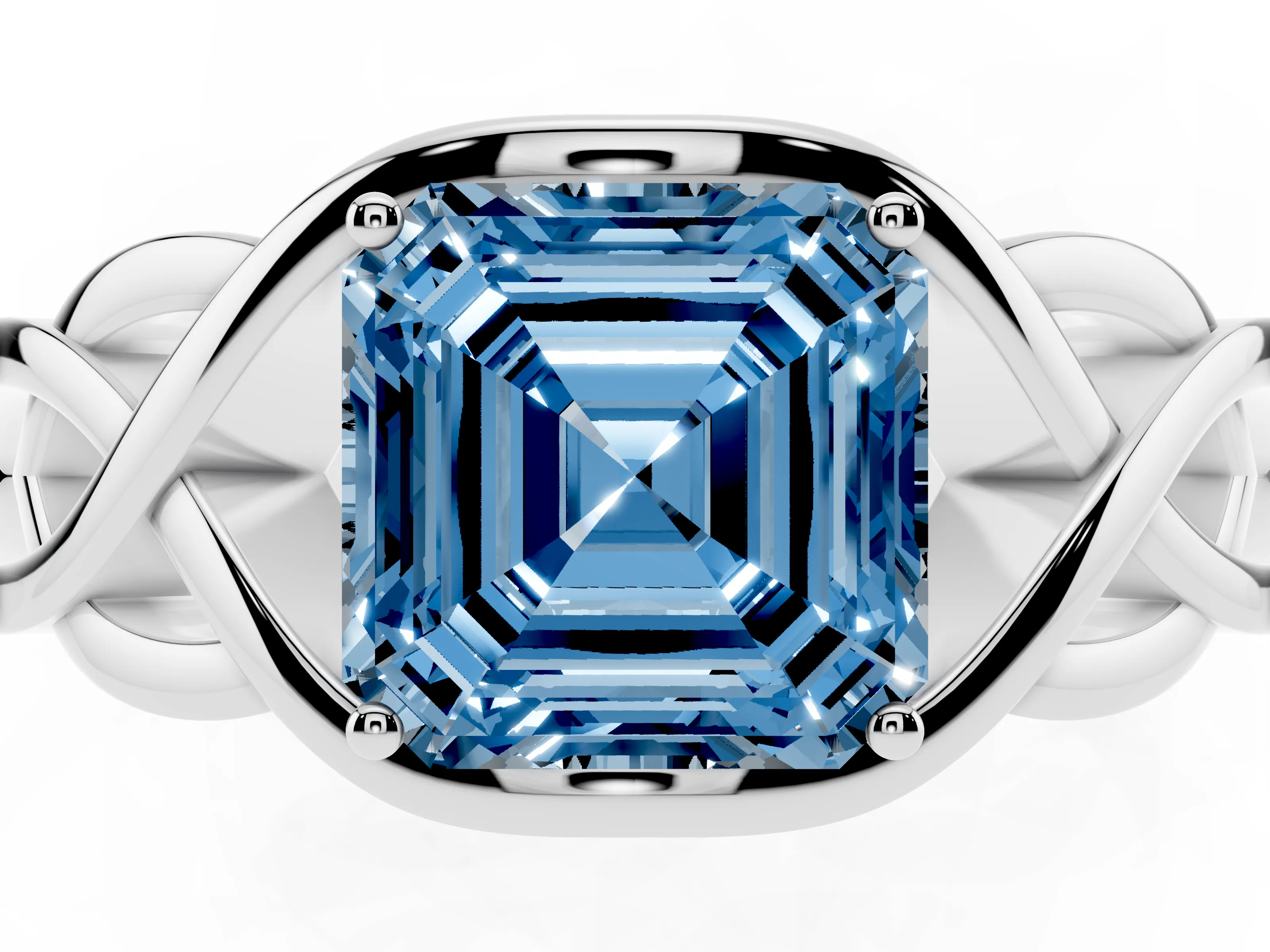 Fancy Blue Asscher Cut Diamond Solitaire Ring Set in Platinum with Intertwined Band