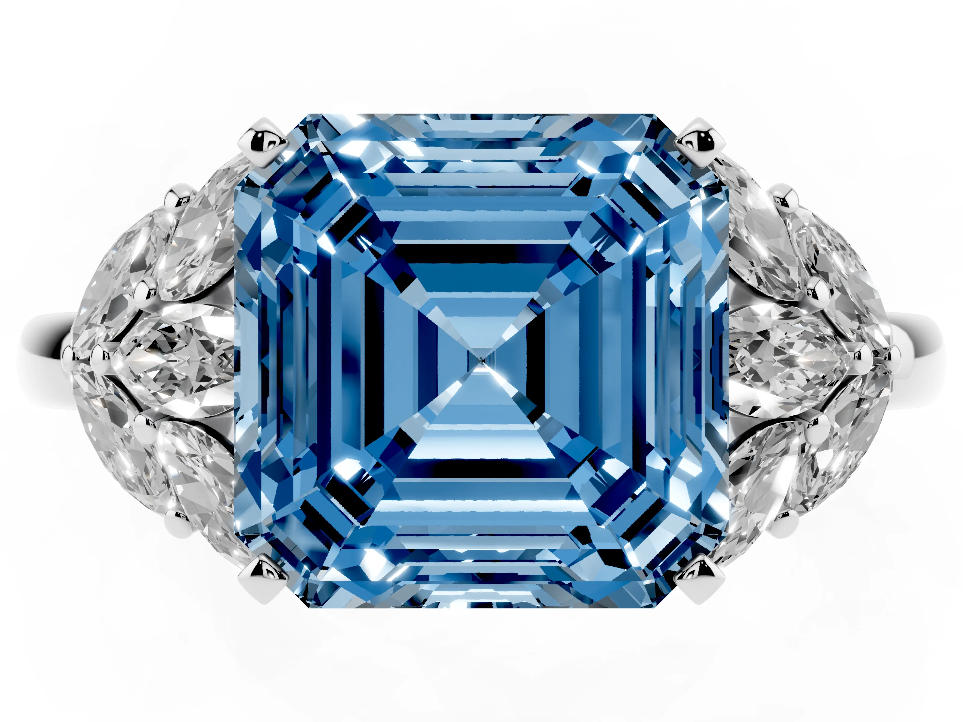 Fancy Blue Asscher Cut Diamond Cluster Leaf Design Ring Set in White gold with Prong Setting