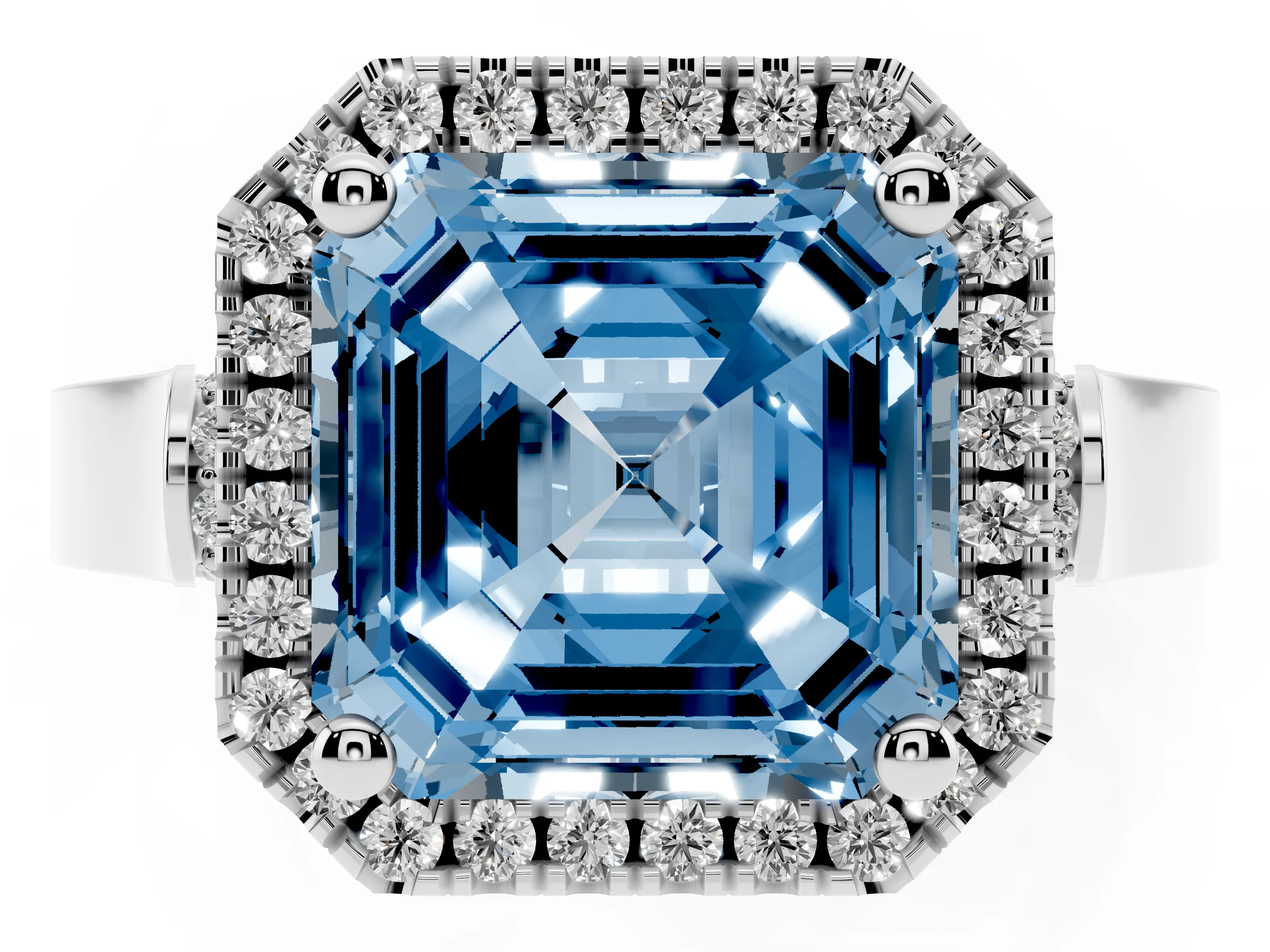 Fancy Blue Asscher Cut Diamond Halo Ring Set in Platinum with Pavé-Lined Split Shank Band