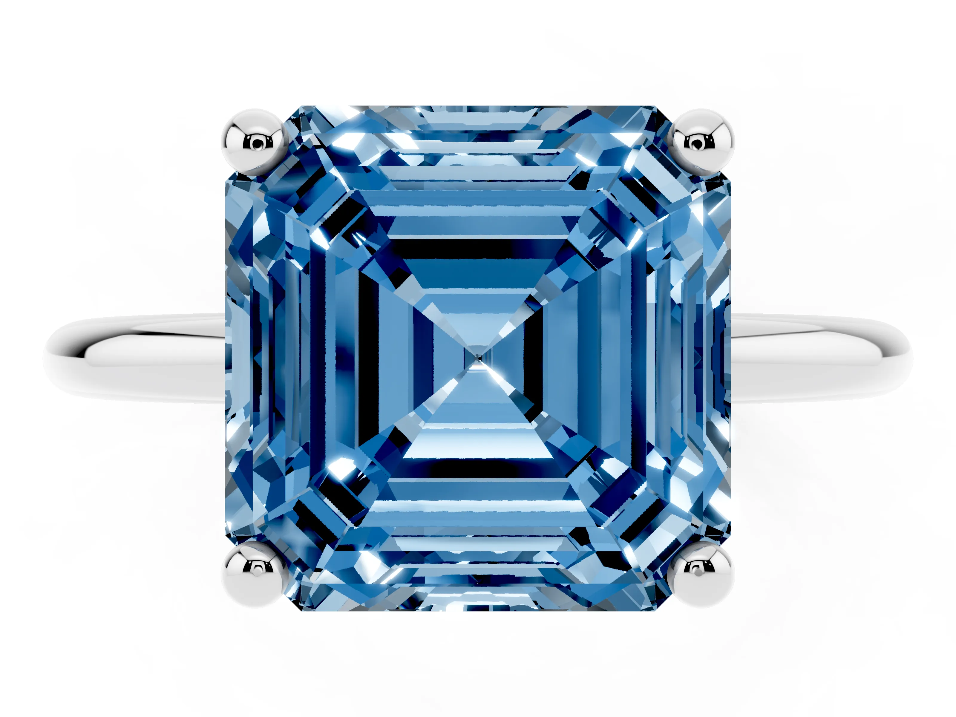 Fancy Blue Asscher Cut Diamond Solitaire Ring Set in Silver with Secure Prong Setting on a Classic Band