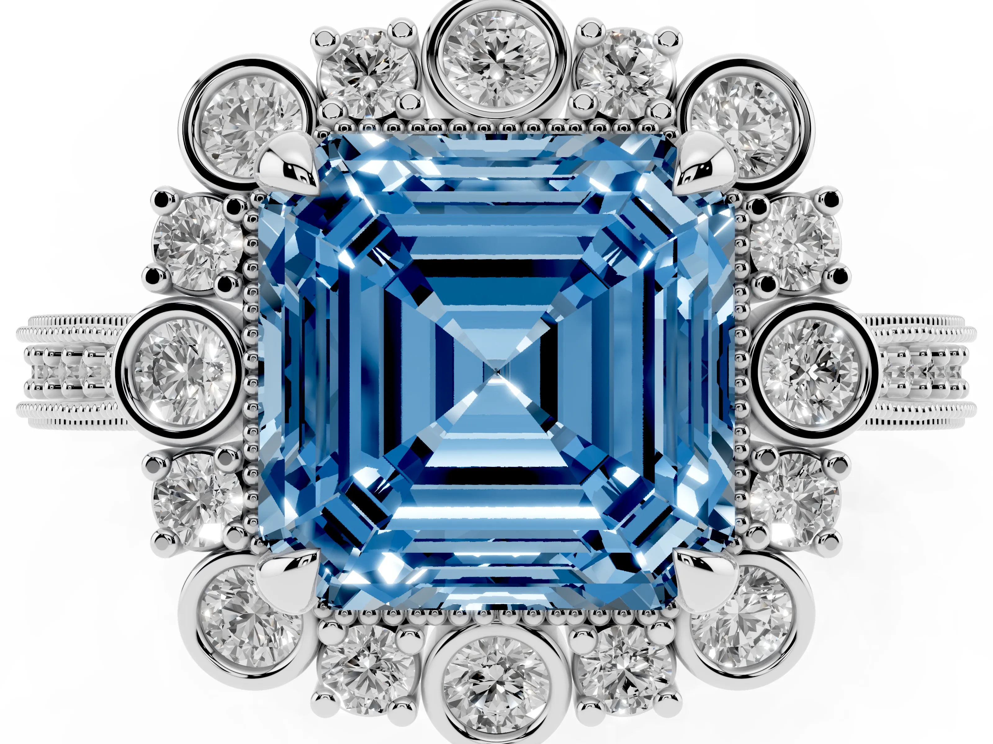 Fancy Blue Asscher Cut Diamond Halo Milgrain Pavé Ring Set in Silver with Prong Setting