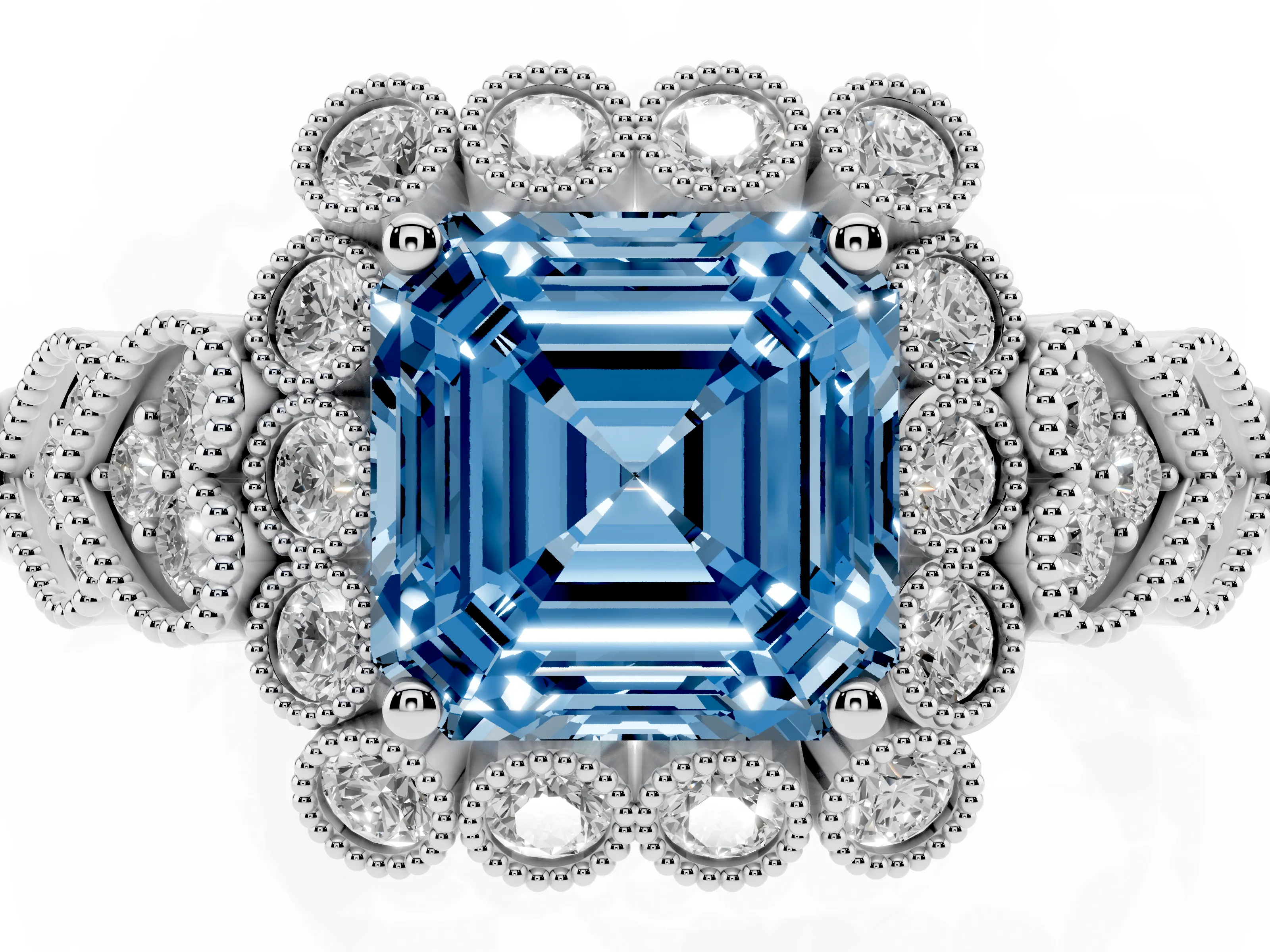 Fancy Blue Asscher Cut Diamond Solitaire Ring Set in Platinum with Milgrain Pavé Heart Band