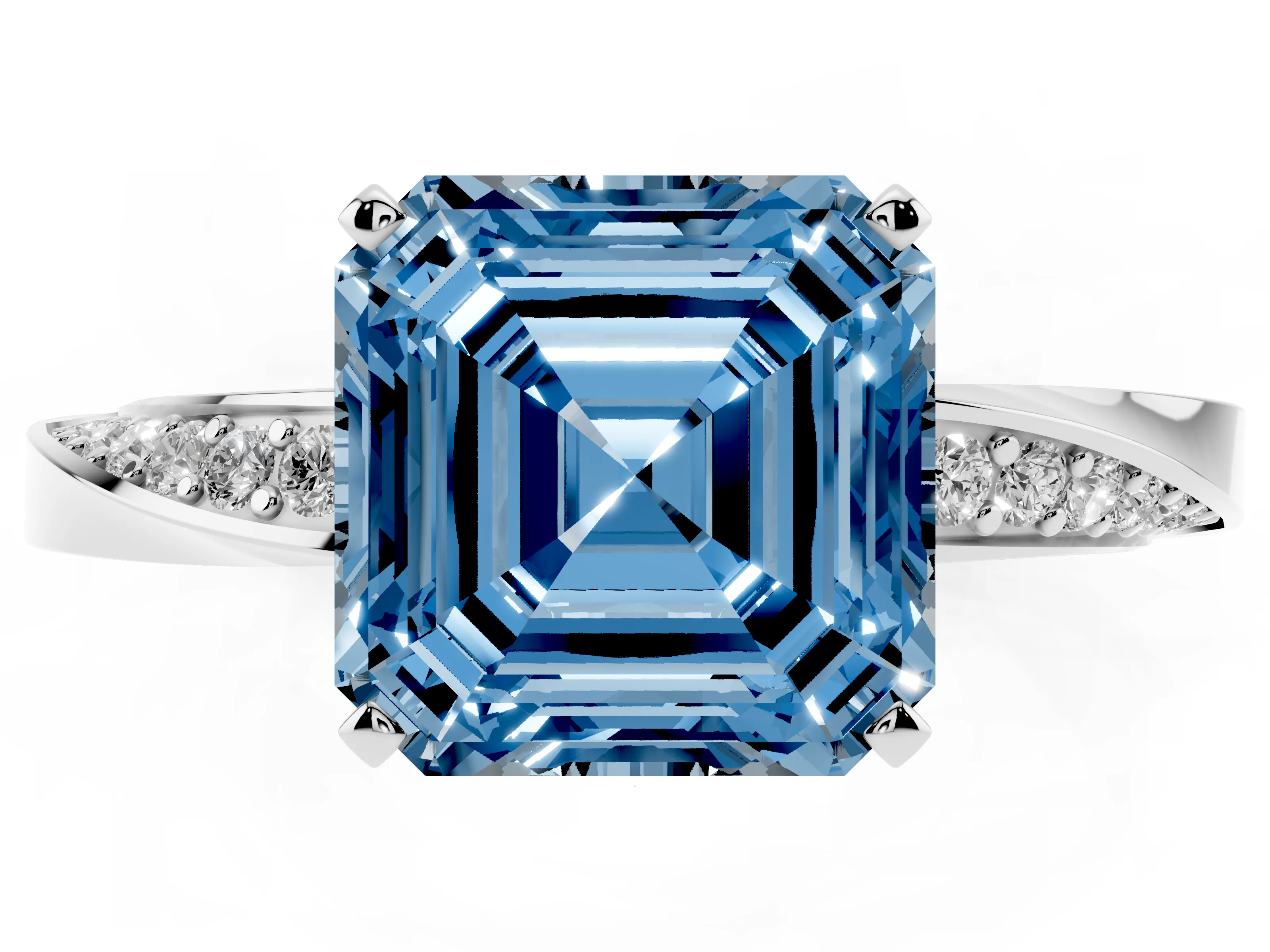 Fancy Blue Asscher Cut Diamond Engagement Ring Set in White gold with Side Stone Accents and Prong Setting