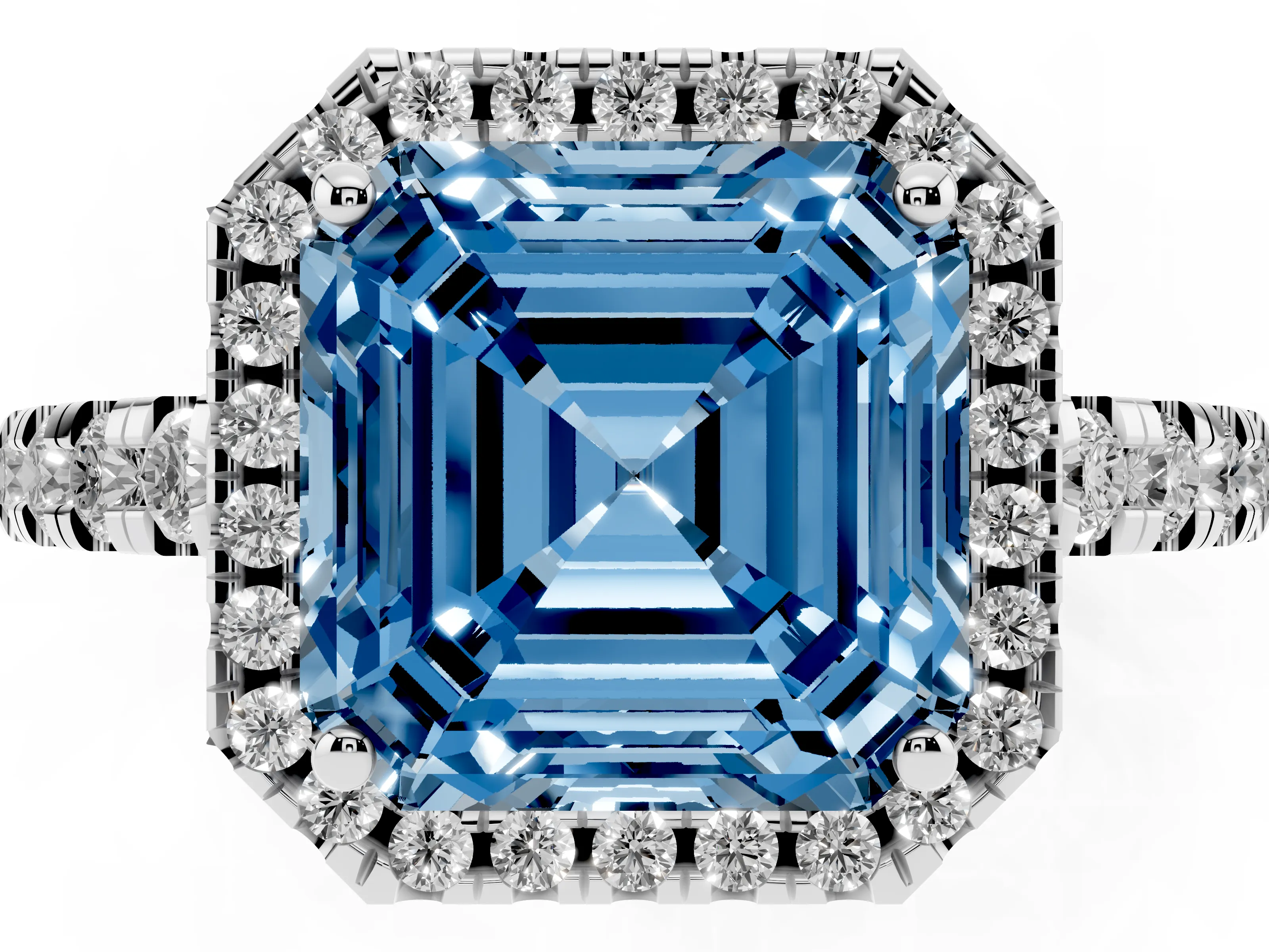 Fancy Blue Asscher Cut Diamond Halo Ring Set in Platinum with Delicate Pavé Band and Prong Setting