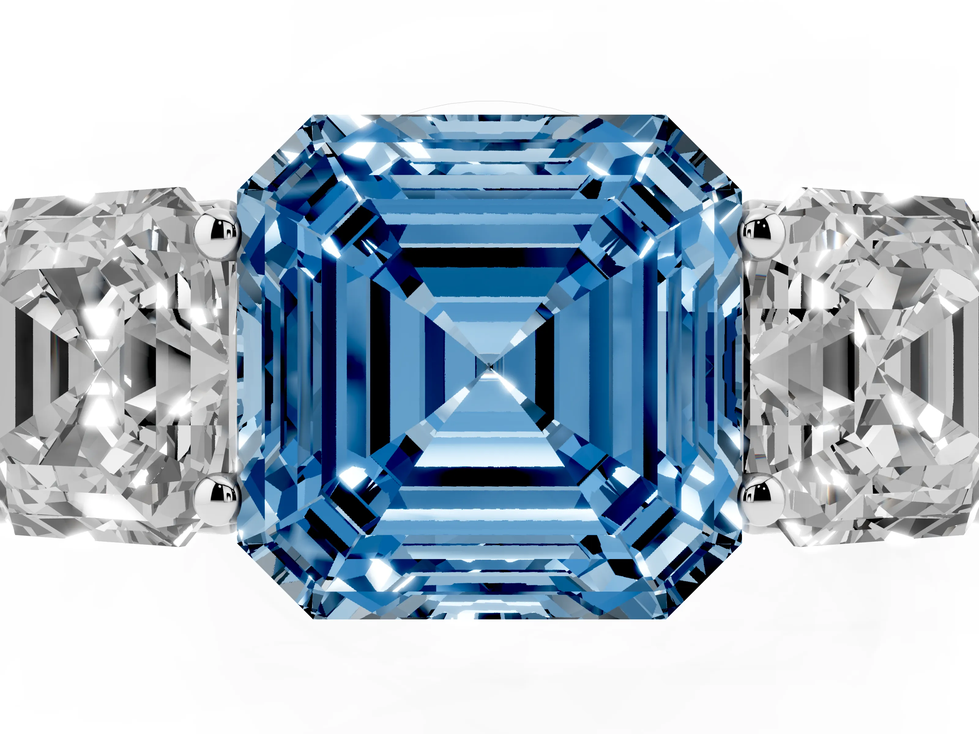 Fancy Blue Asscher Cut Diamond Three-Stone Ring Set in White gold with Plain Polished Band