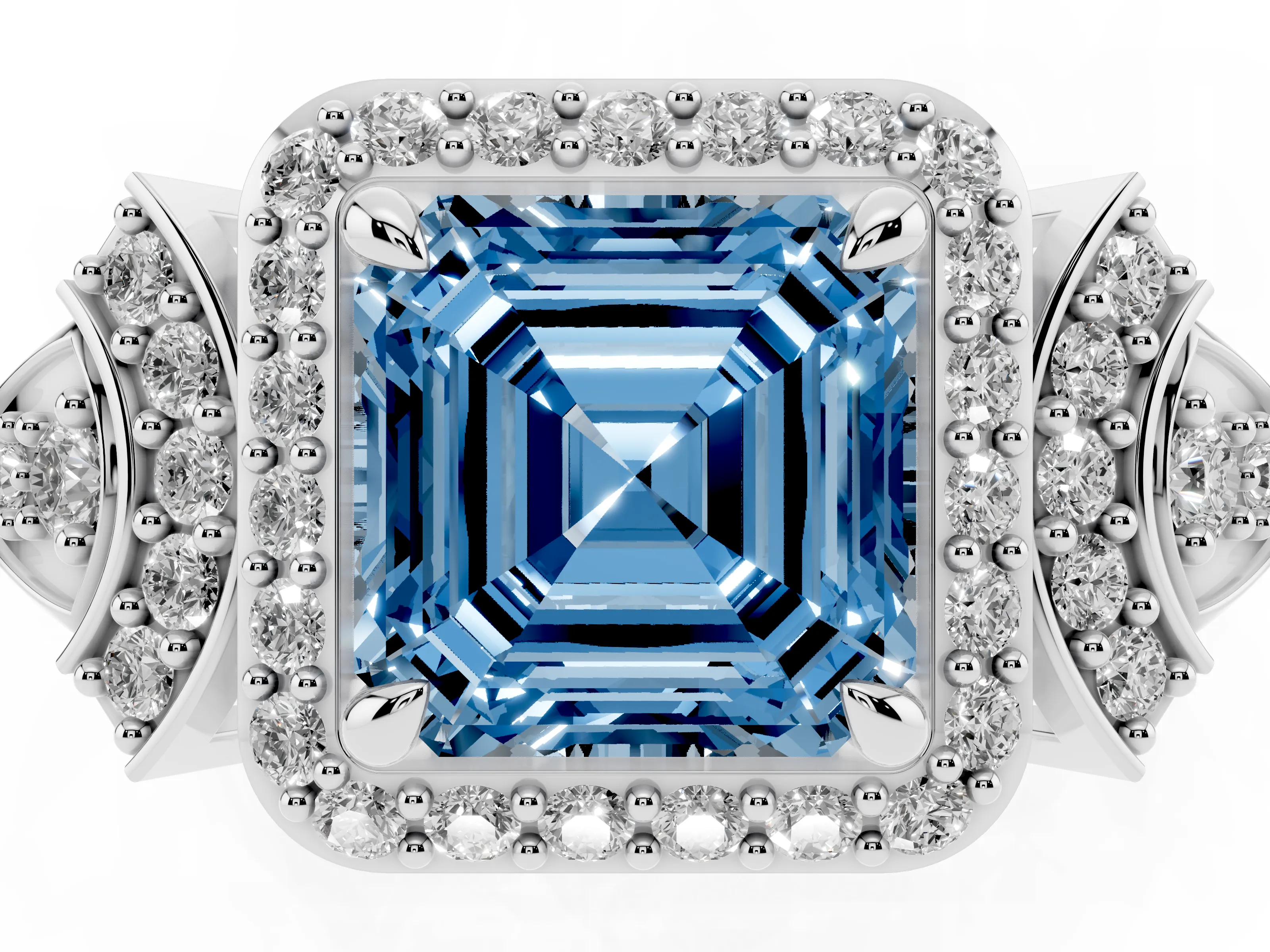 Fancy Blue Asscher Cut Diamond Halo Engagement Ring Set in White gold with Accent Stone Split Shank