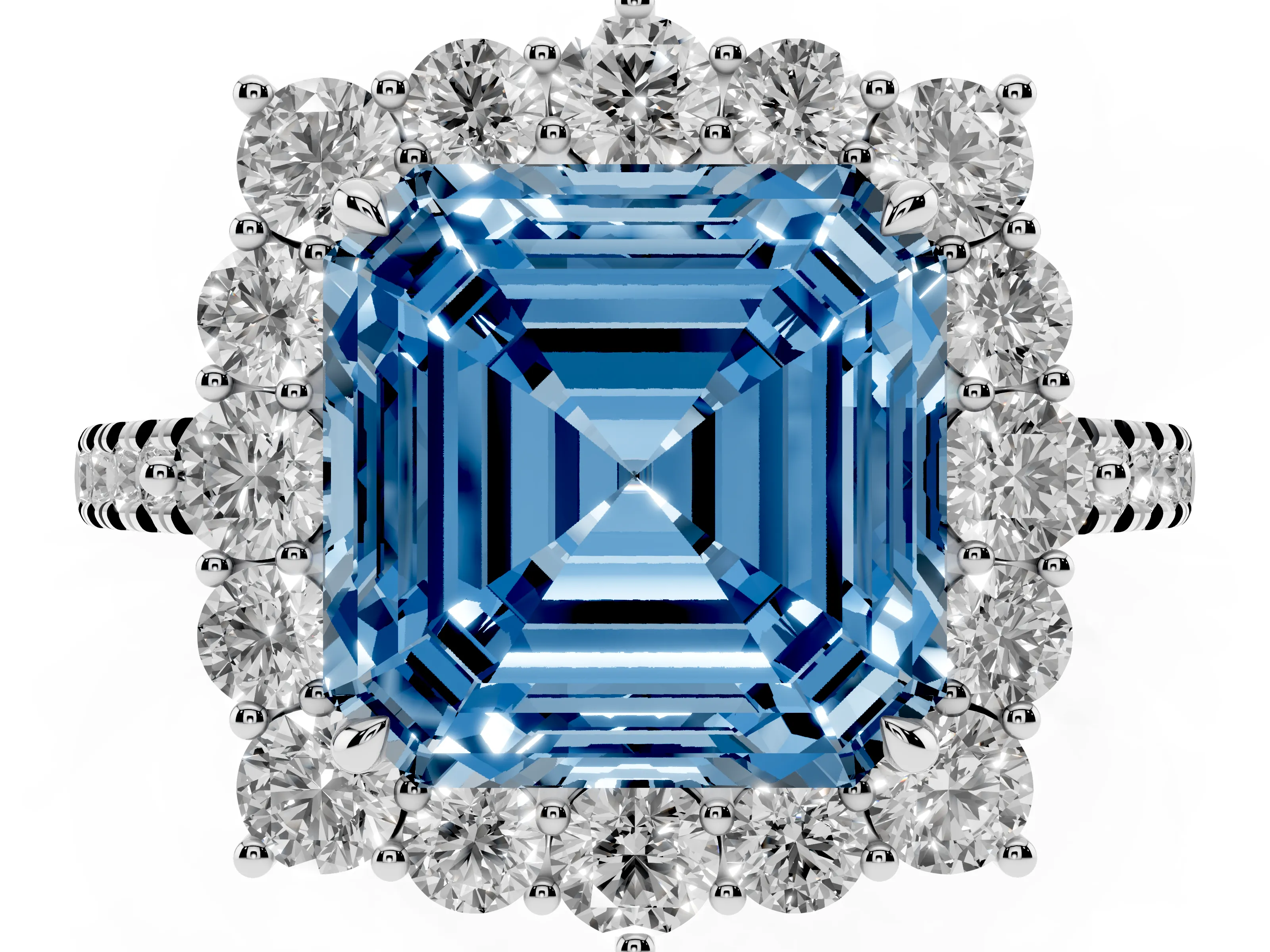 Fancy Blue Asscher Cut Diamond Halo Ring Set in Silver with Pavé Band and Prong Setting