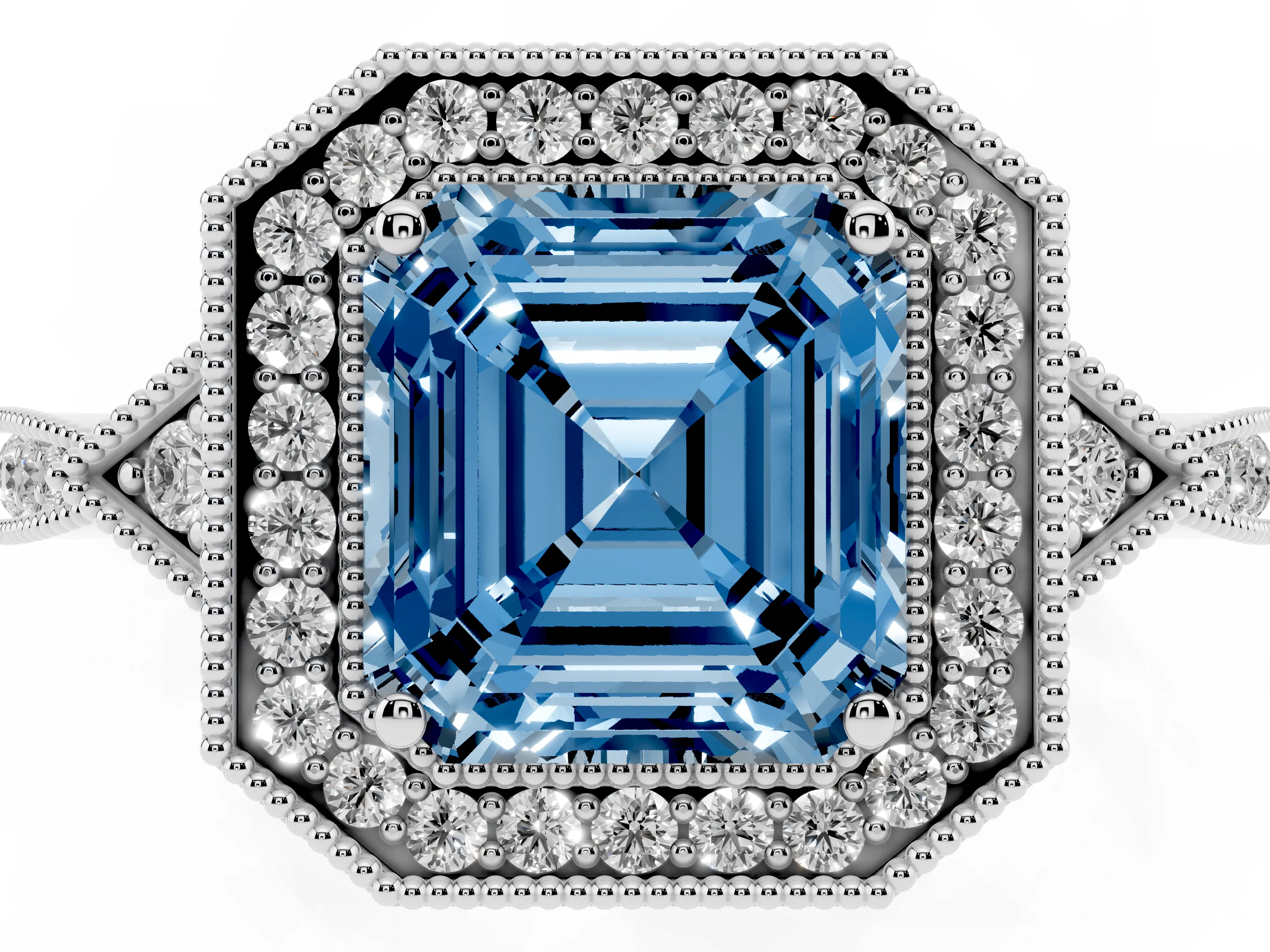 Fancy Blue Asscher Cut Diamond Halo Engagement Ring Set in White gold with Milgrain Pavé Band