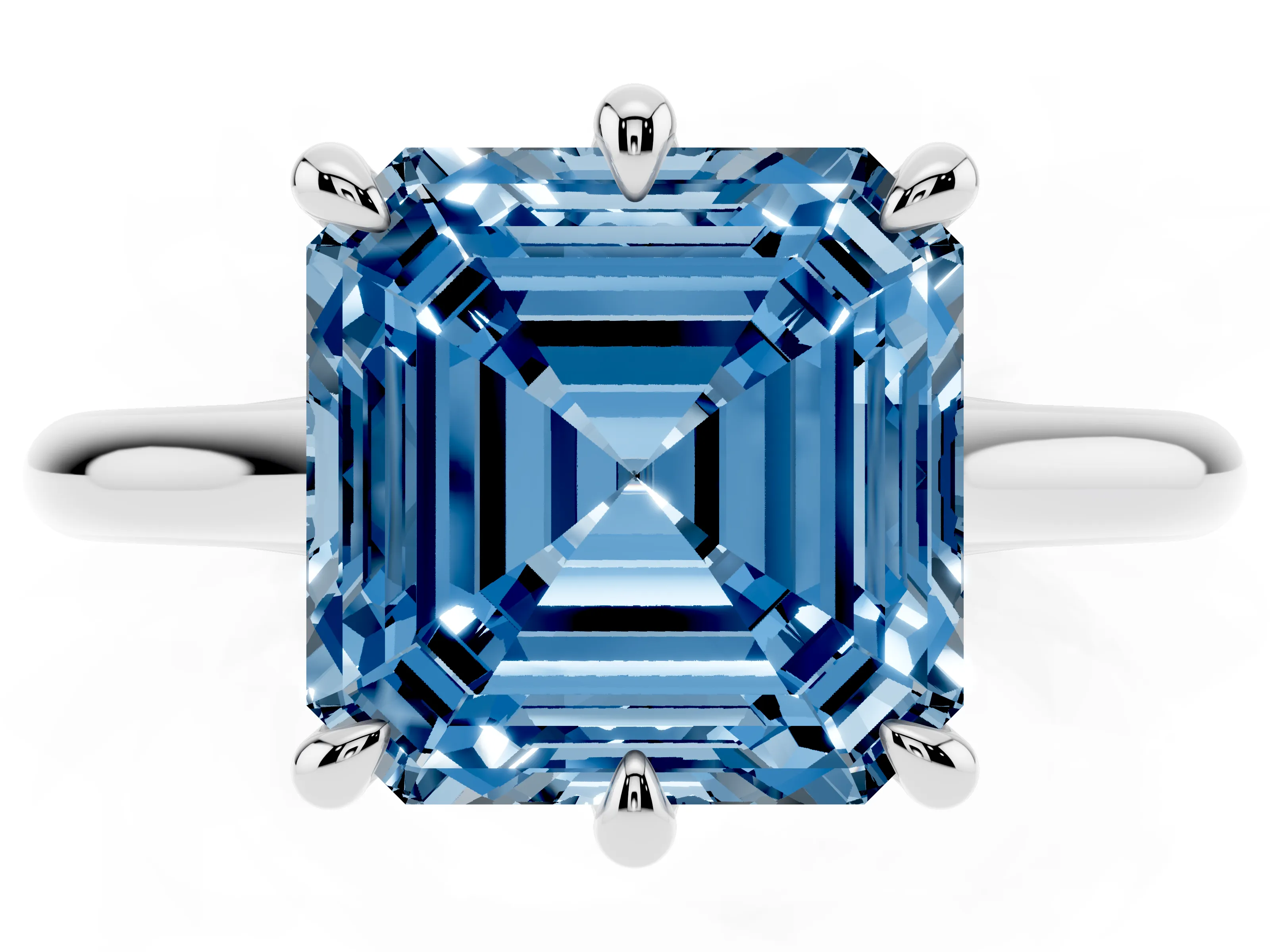 Fancy Blue Asscher Cut Diamond Solitaire Engagement Ring Set in White gold with Prong Setting and Plain Classic Band