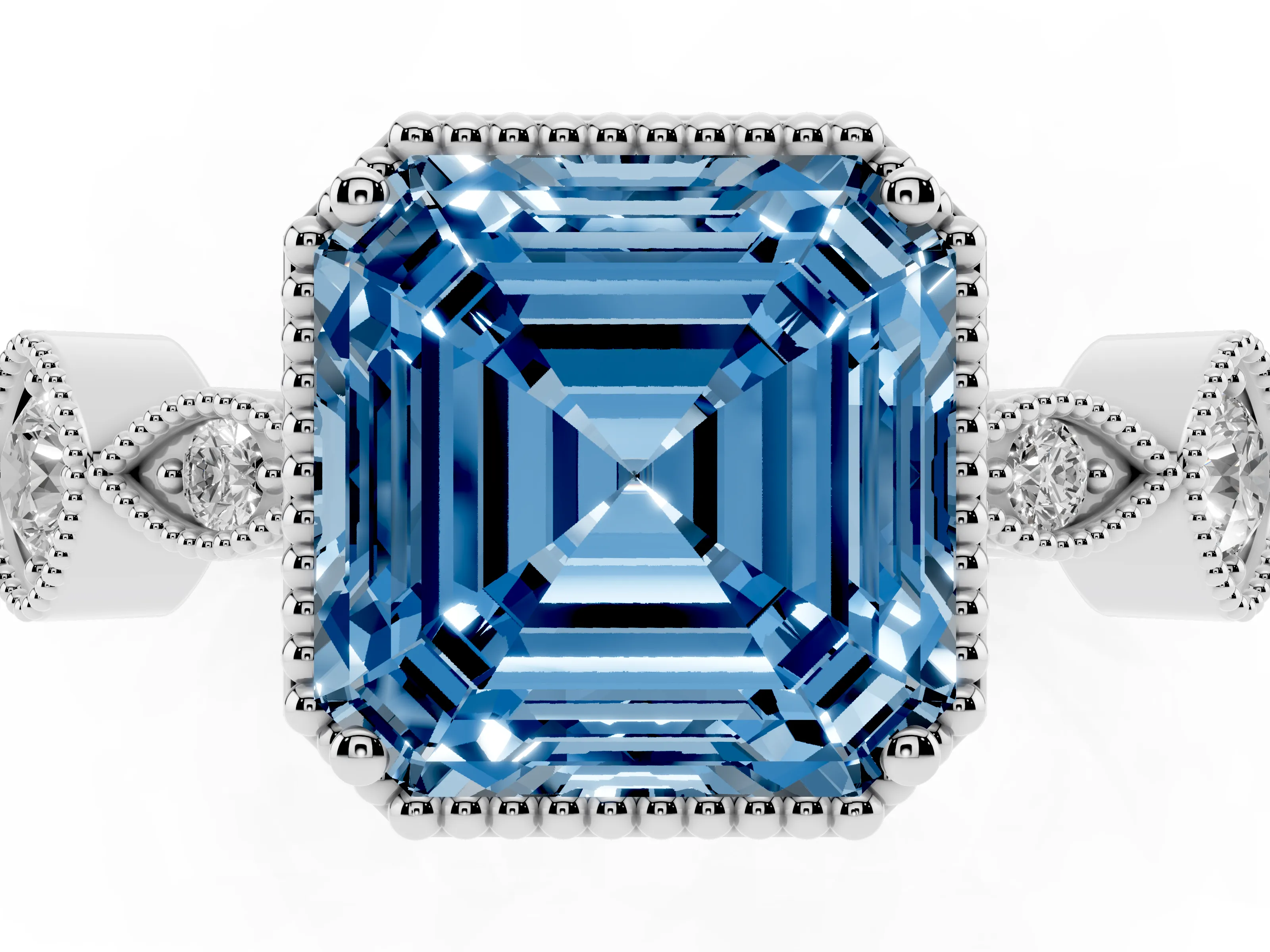Fancy Blue Asscher Cut Diamond Vintage-Inspired Milgrain Ring Set in Platinum with Marquise Stations of Round Accents