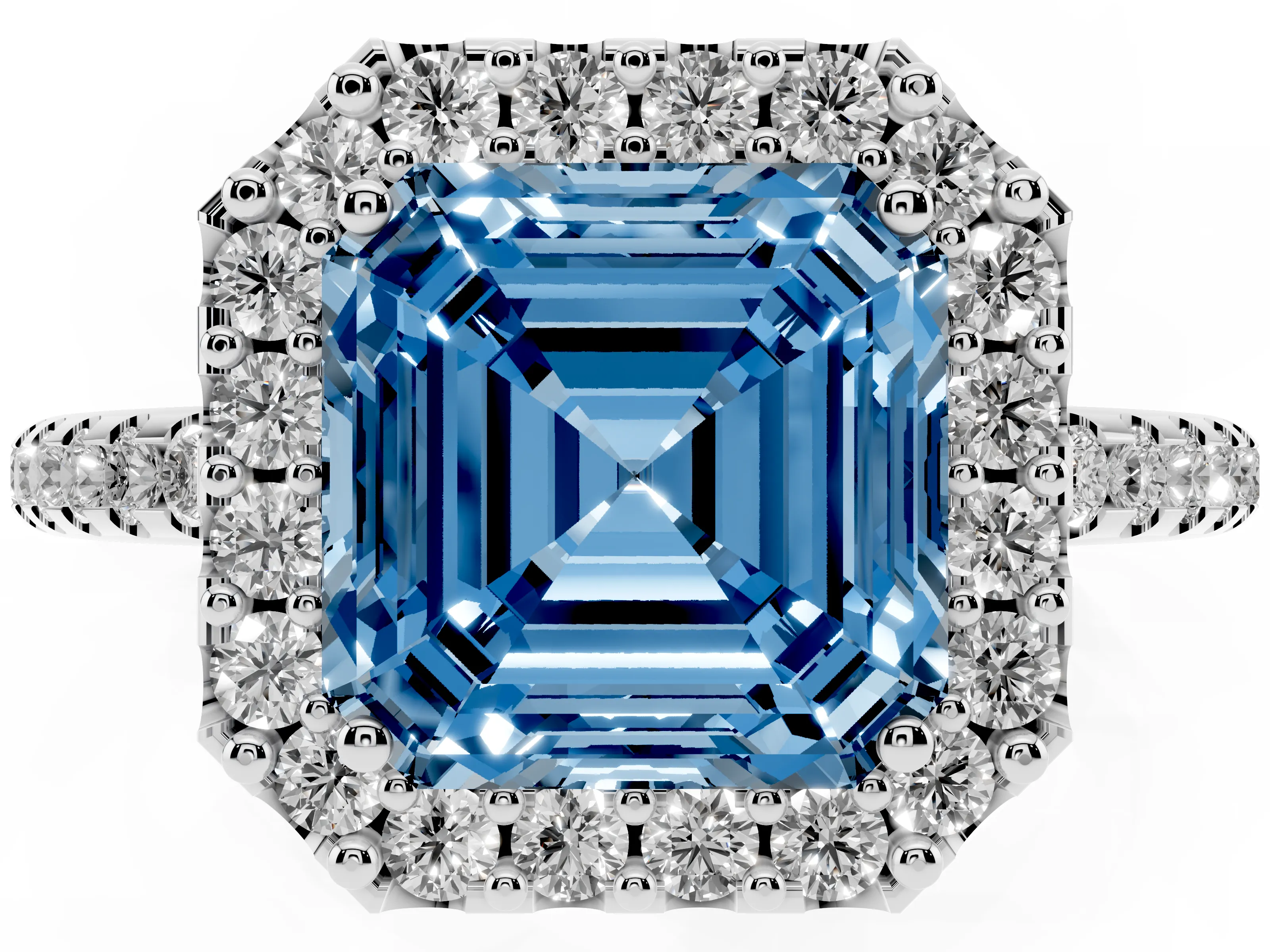 Fancy Blue Asscher Cut Diamond Pavé Halo Ring Set in White gold with Prong Setting