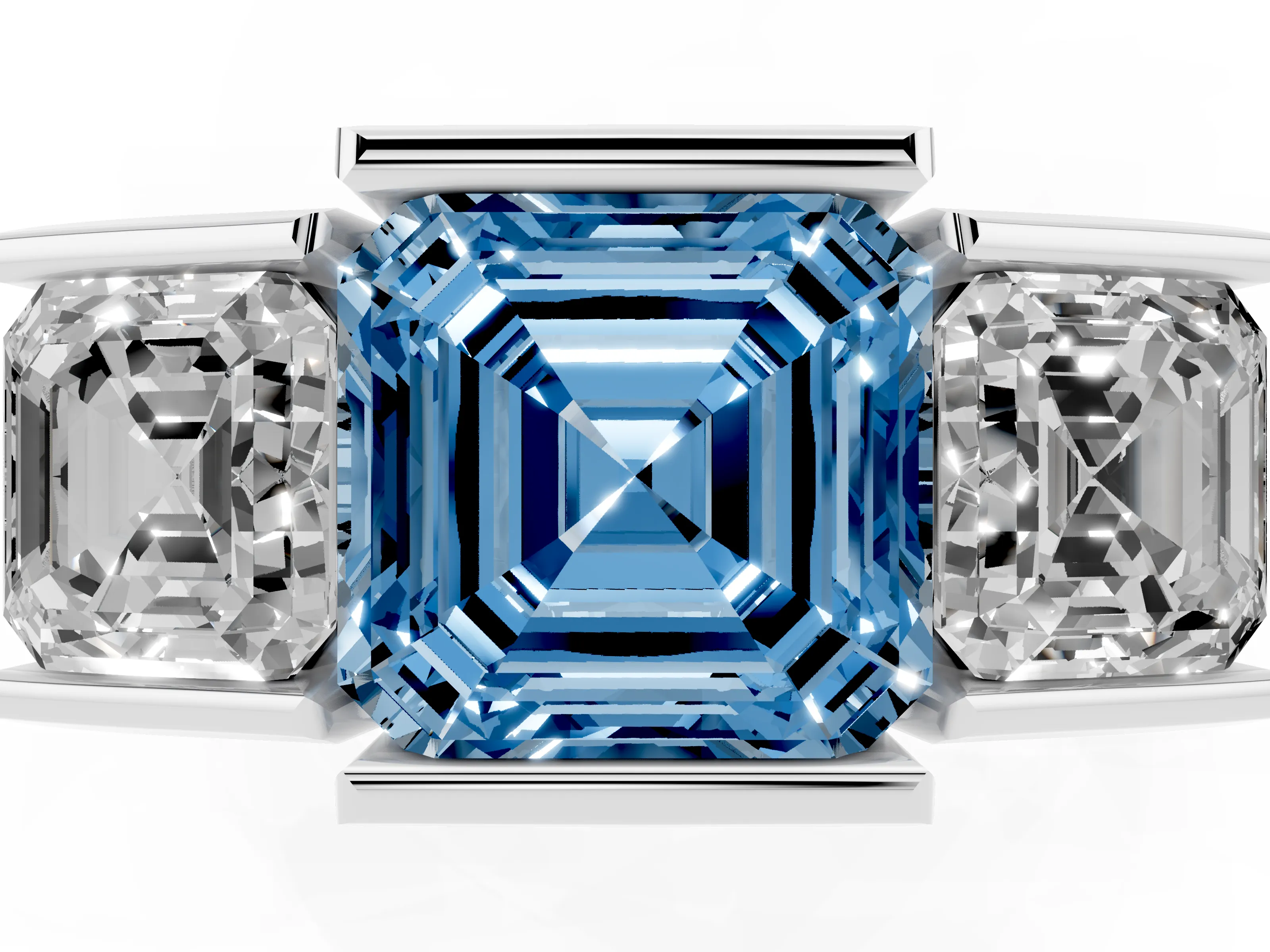 Fancy Blue Asscher Cut Diamond Three-Stone Channel Set Ring Set in White gold with Smooth Polished Band