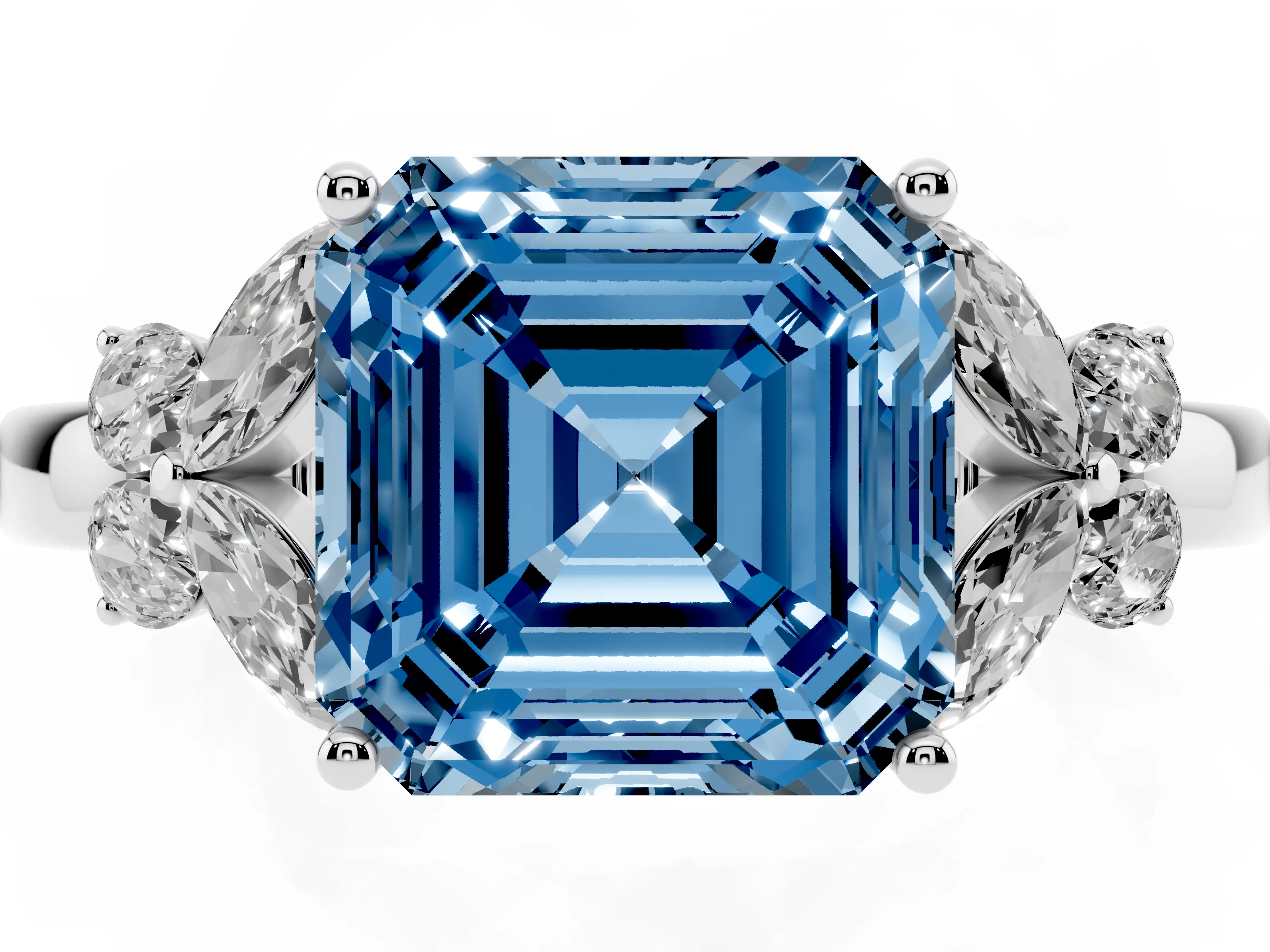 Fancy Blue Asscher Cut Diamond Solitaire Floral Ring Set in Platinum with Marquise Petals and Prong Setting