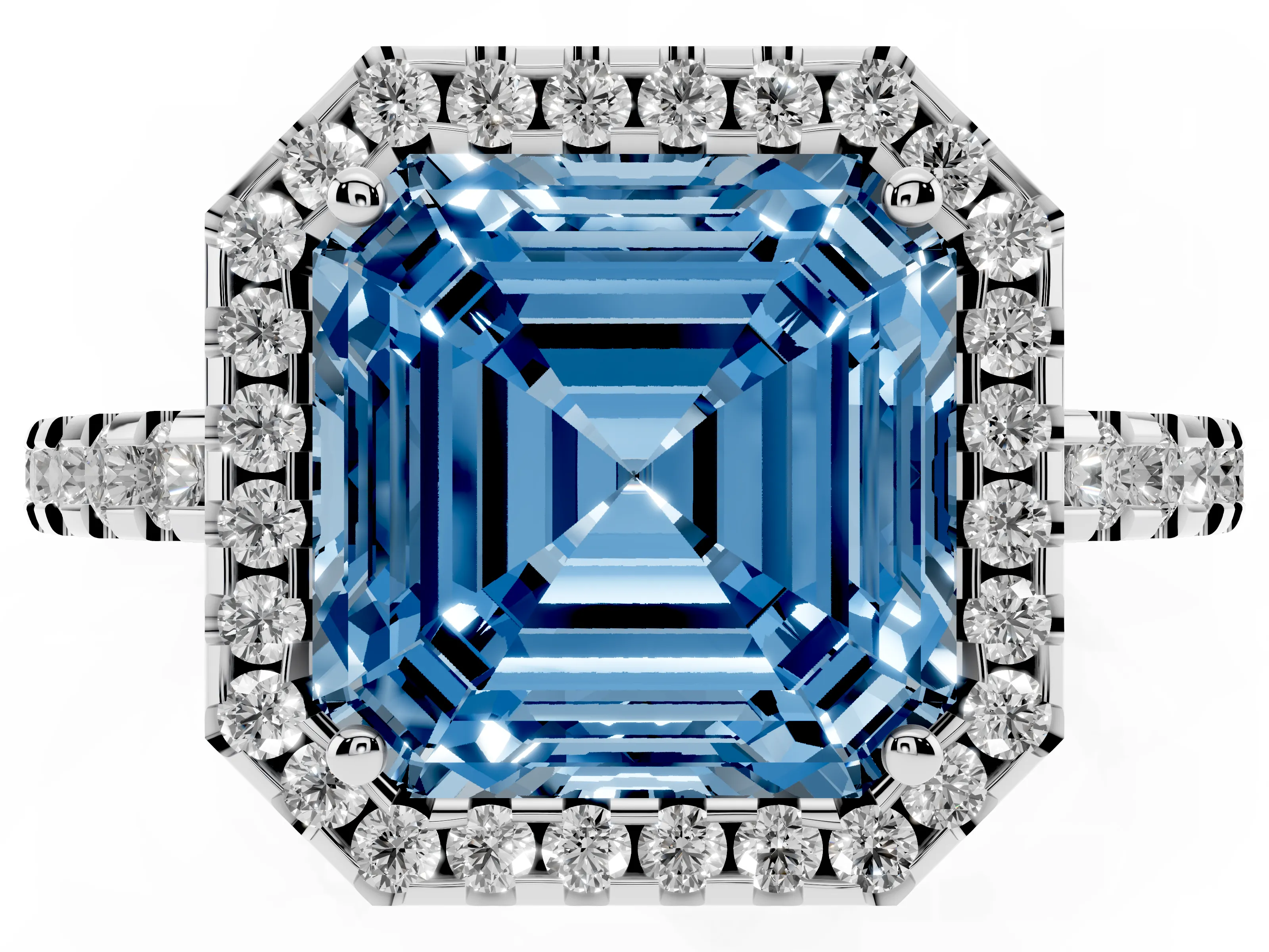 Fancy Blue Asscher Cut Diamond Halo Ring Set in Platinum with Pavé Shoulders and Halo-Framed Center