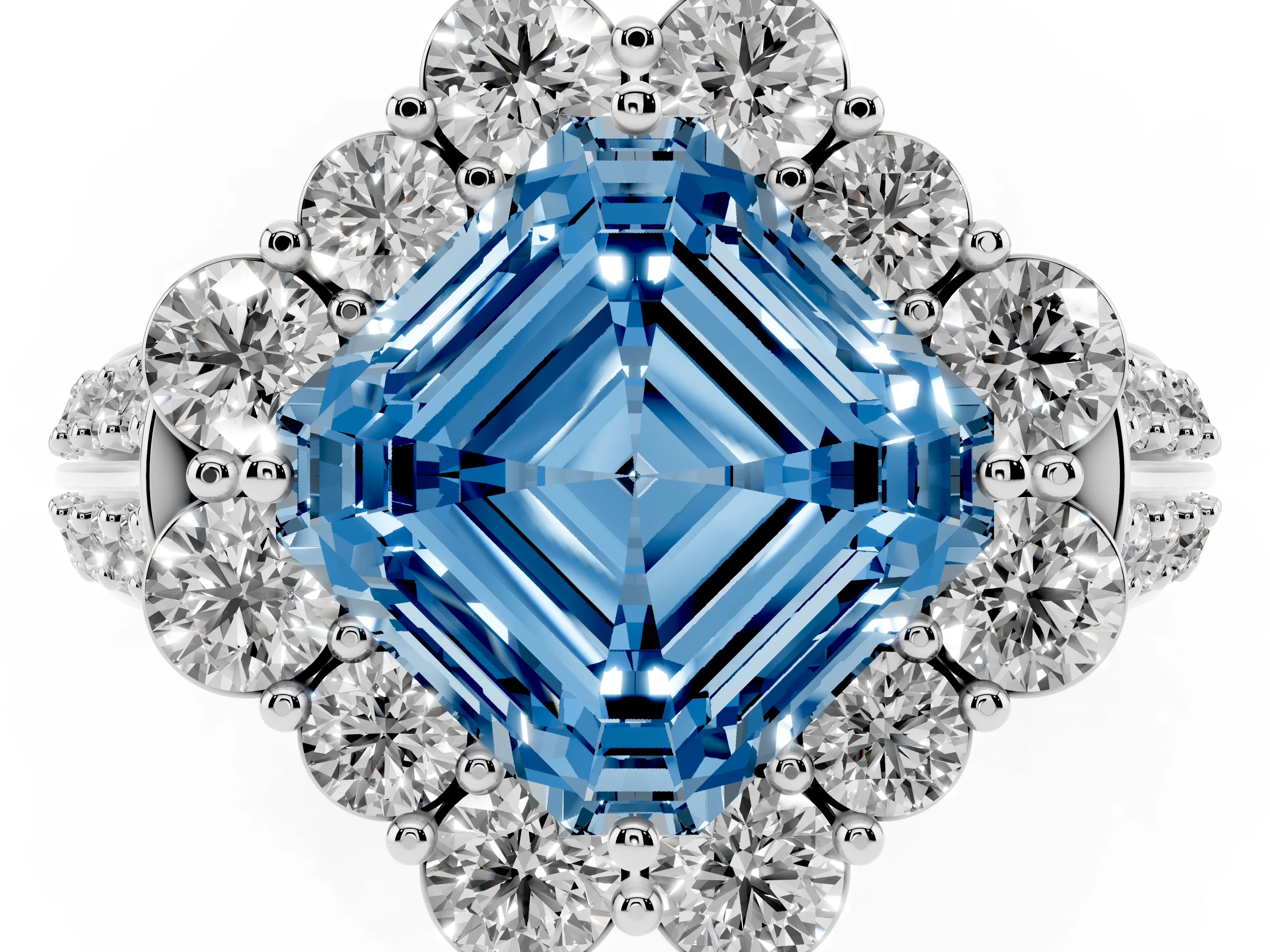 Fancy Blue Asscher Cut Diamond Halo Engagement Ring Set in Silver with Split Shank and Prong Setting