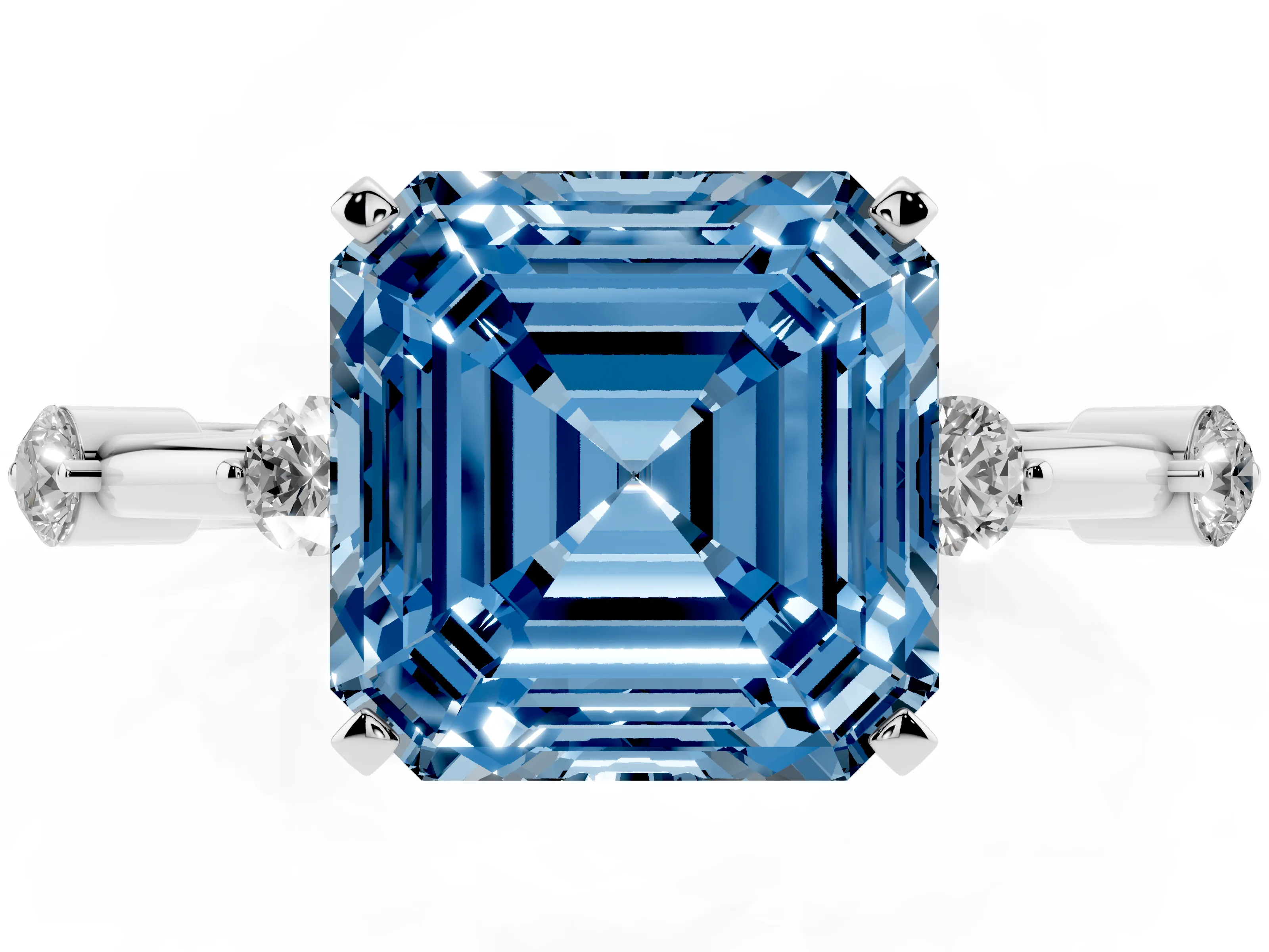 Fancy Blue Asscher Cut Diamond Solitaire Ring Set in Silver with Bezel Set Side Stones and Prong Setting