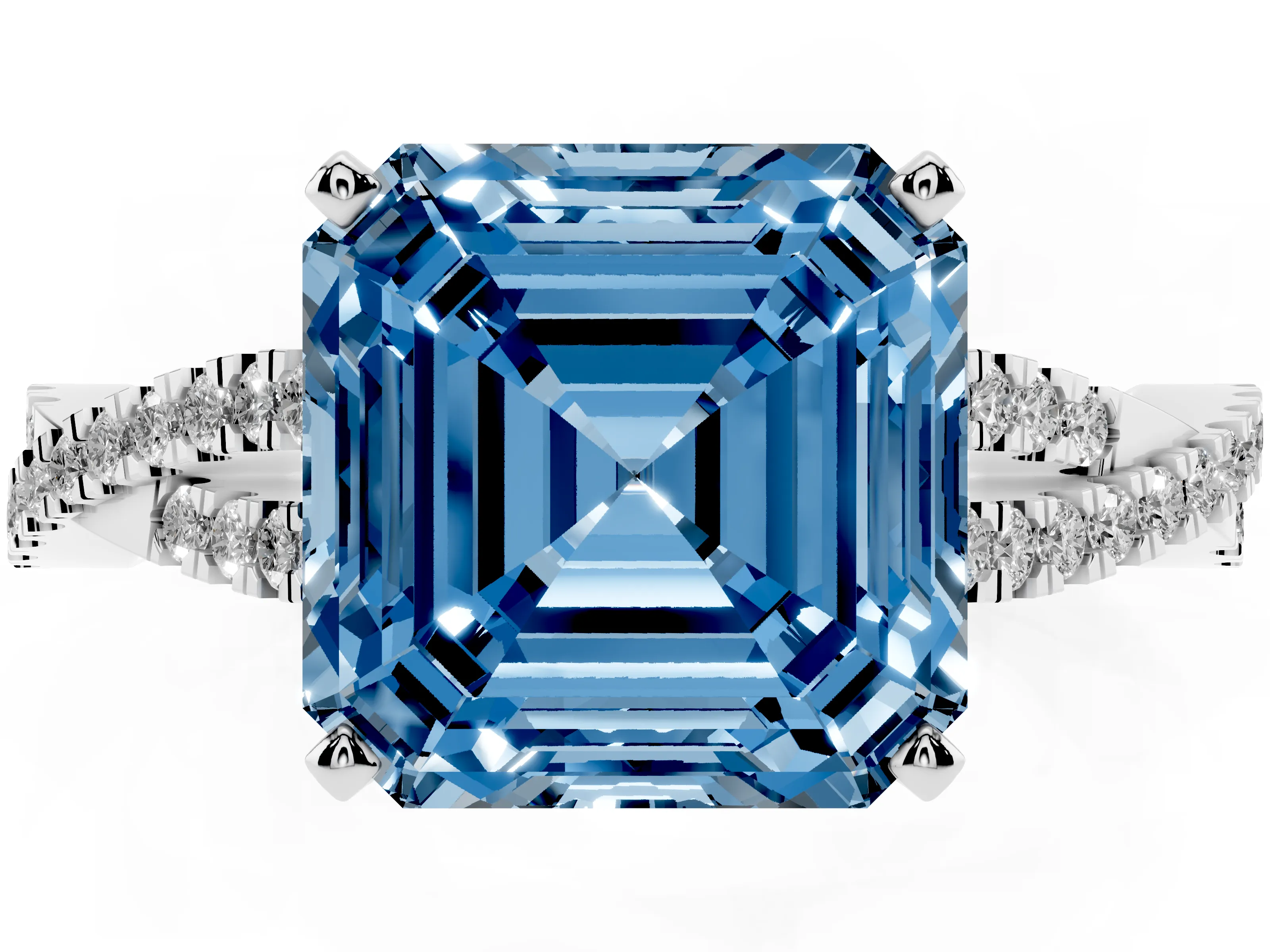 Fancy Blue Asscher Cut Diamond Solitaire Engagement Ring Set in White gold with Twisted Pavé Band and Prong Setting
