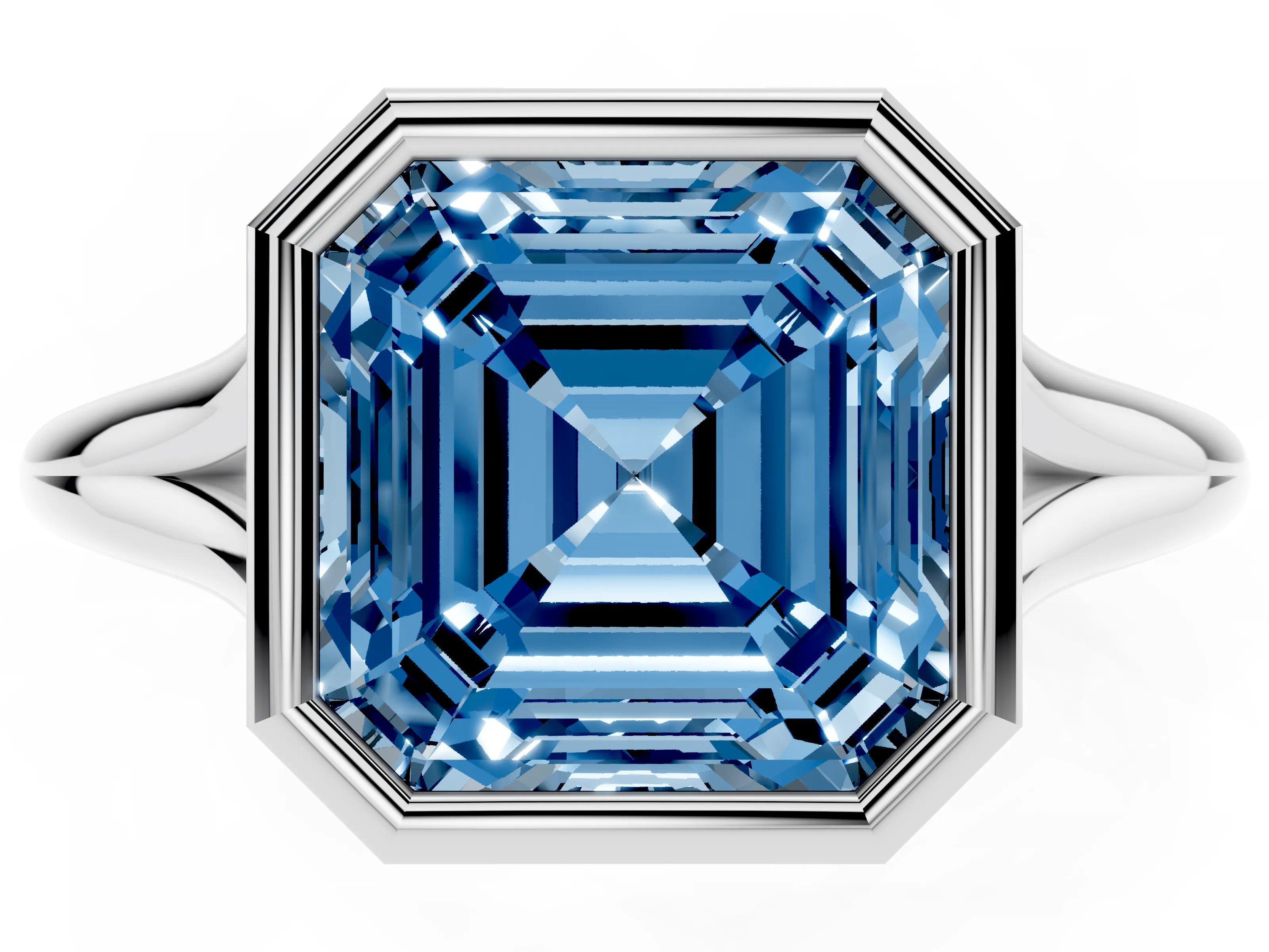 Fancy Blue Bezel Set Asscher Cut Diamond Solitaire Ring Set in Platinum with Tapered Band