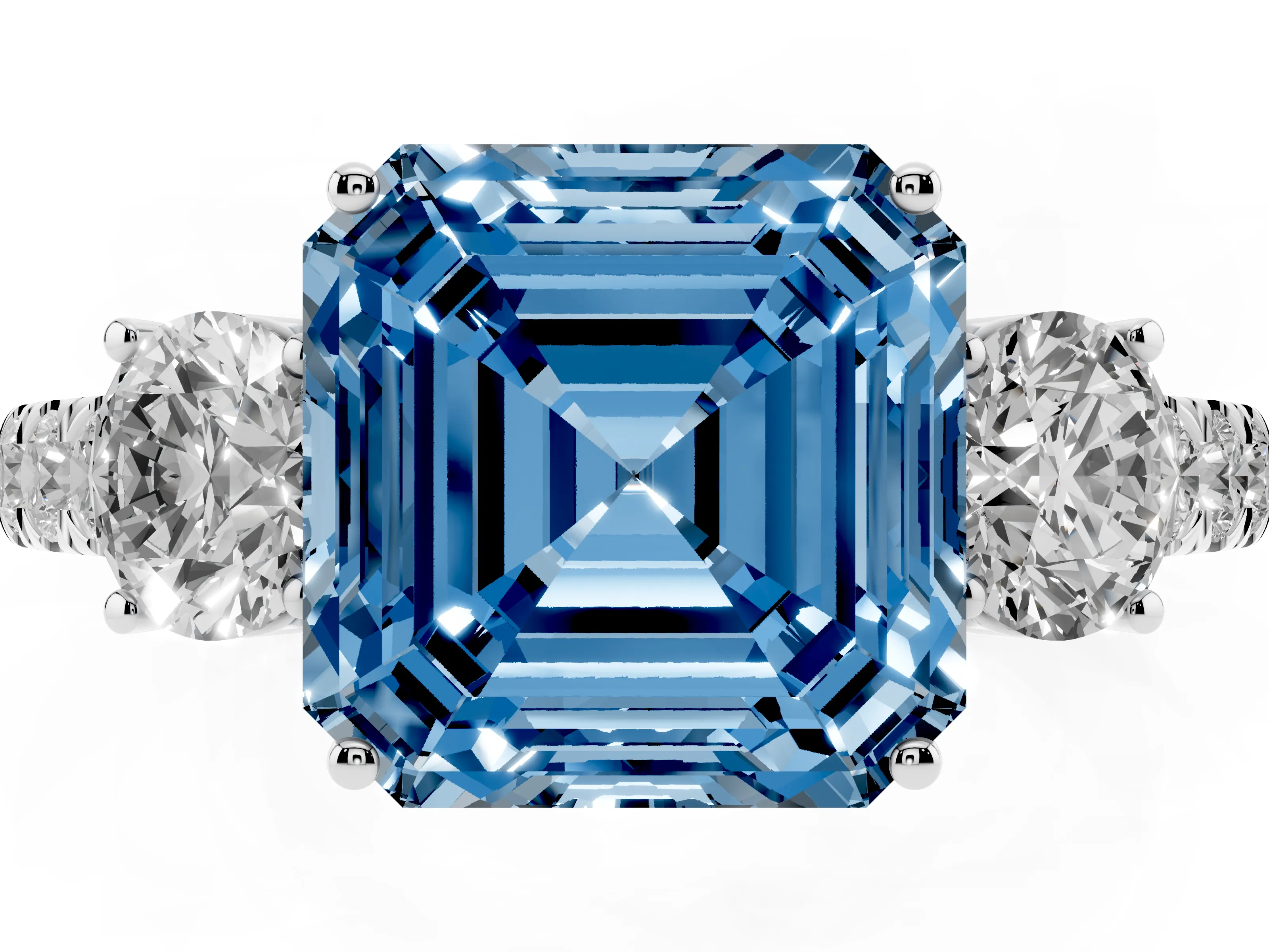 Fancy Blue Asscher Cut Diamond Three-Stone Ring Set in Silver with Round Side Stones and Delicate Pavé Band