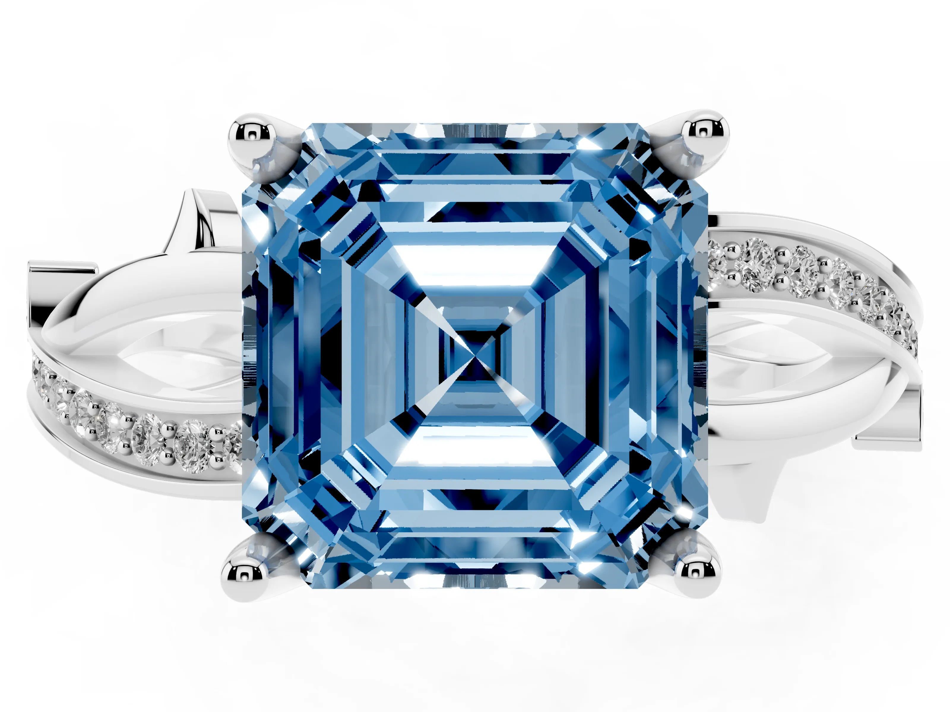 Fancy Blue Asscher Cut Diamond Pavé Twist Band Solitaire Ring Set in White gold with Prong Setting