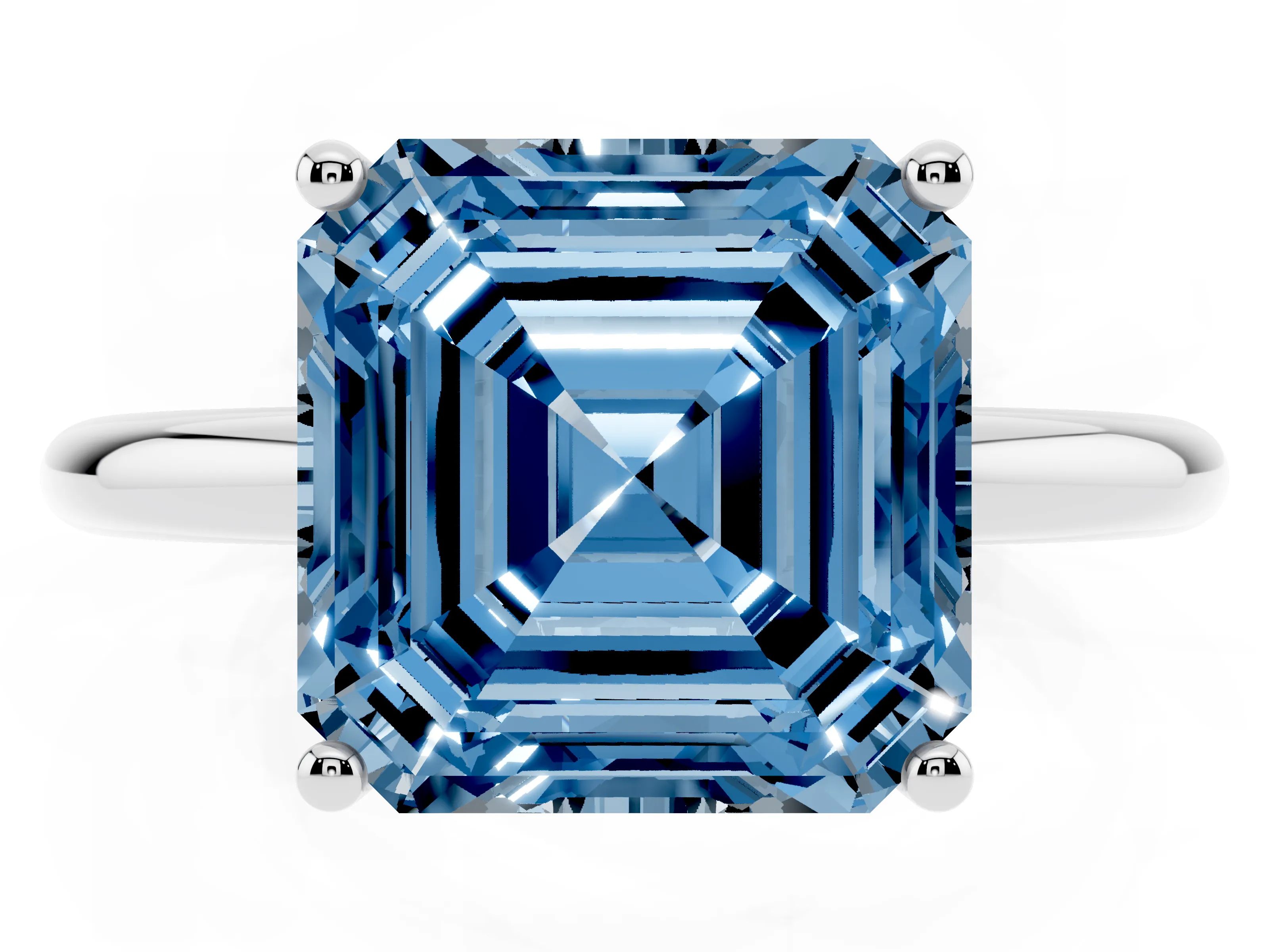 Fancy Blue Asscher Cut Diamond Solitaire Engagement Ring Set in White gold with Prong Setting and Polished Band