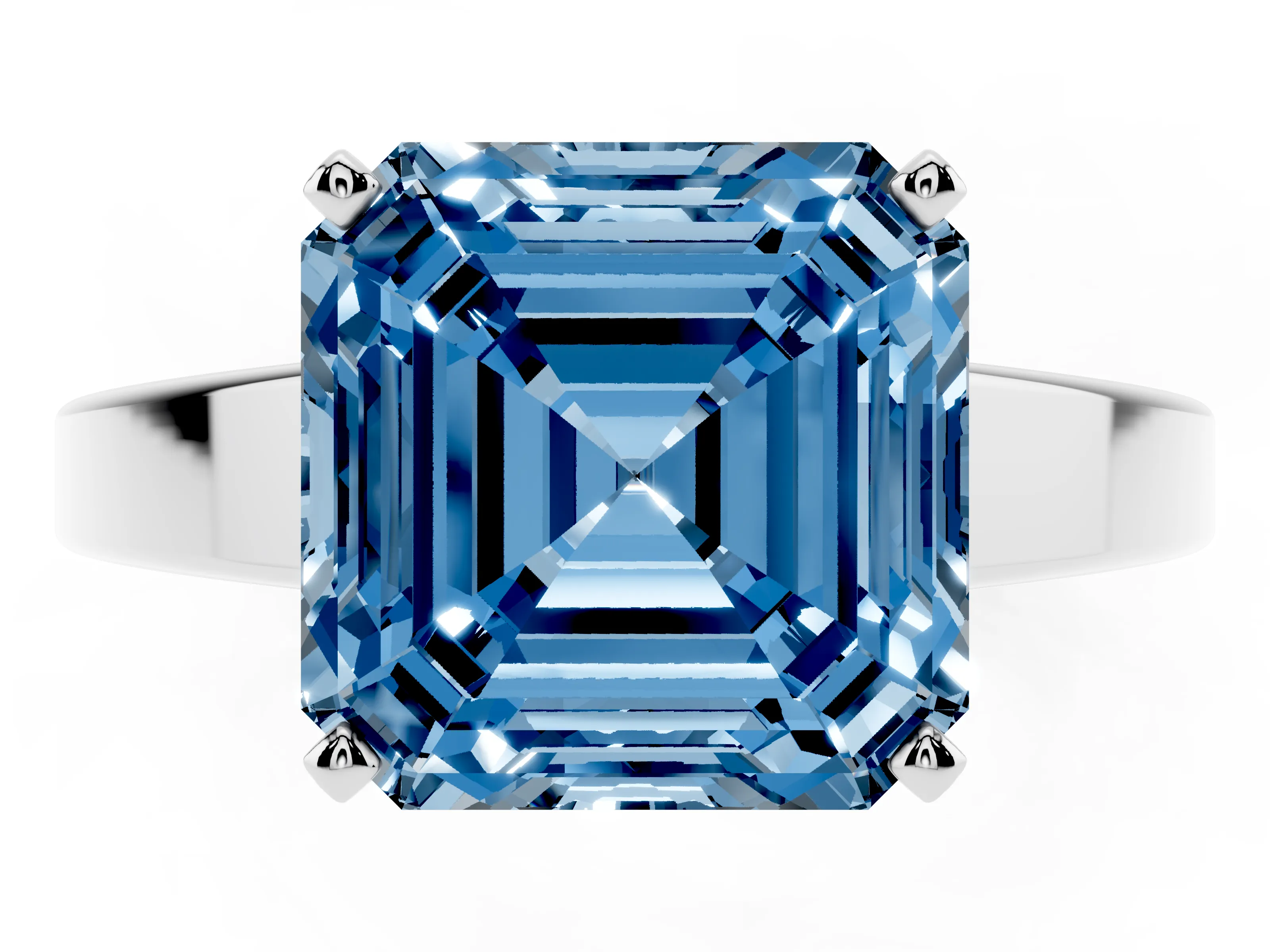 Fancy Blue Asscher Cut Diamond Solitaire Engagement Ring Set in White gold with Prong Setting and Tapered Band