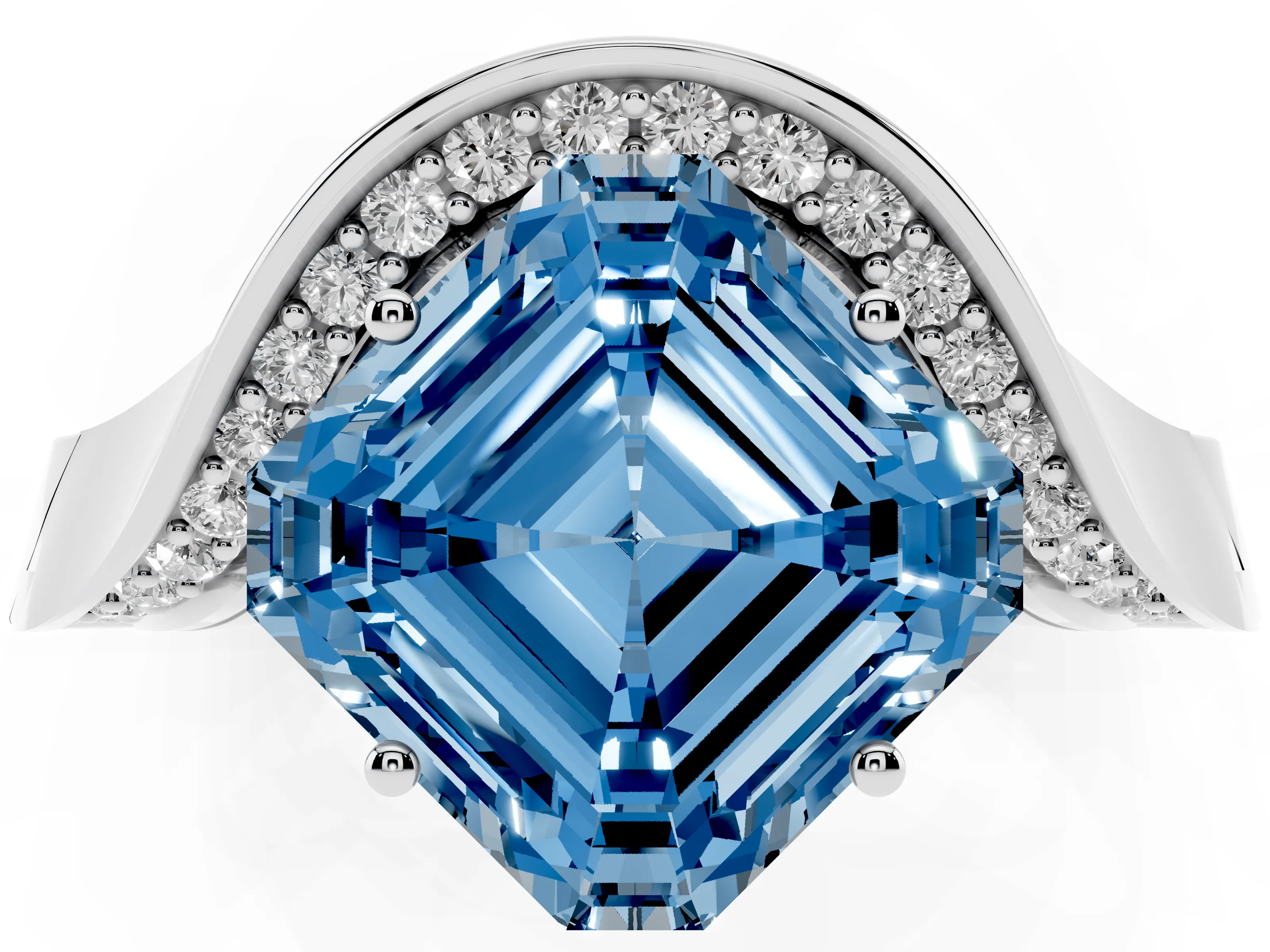 Fancy Blue Asscher Cut Diamond Solitaire Engagement Ring Set in Silver with Pavé Shoulders