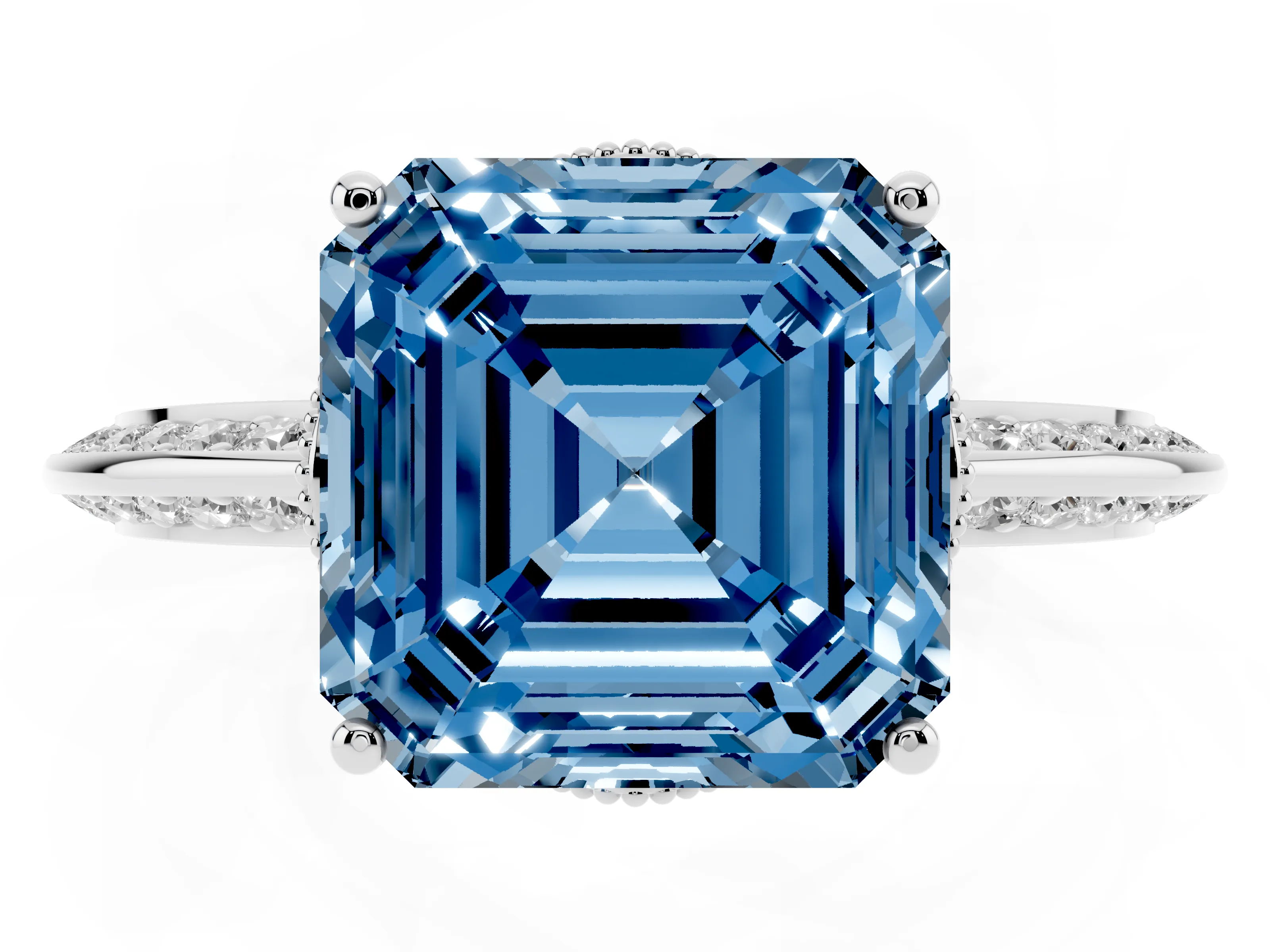 Fancy Blue Asscher Cut Diamond Solitaire Engagement Ring Set in Platinum with Pavé Split Shank and Prong Setting