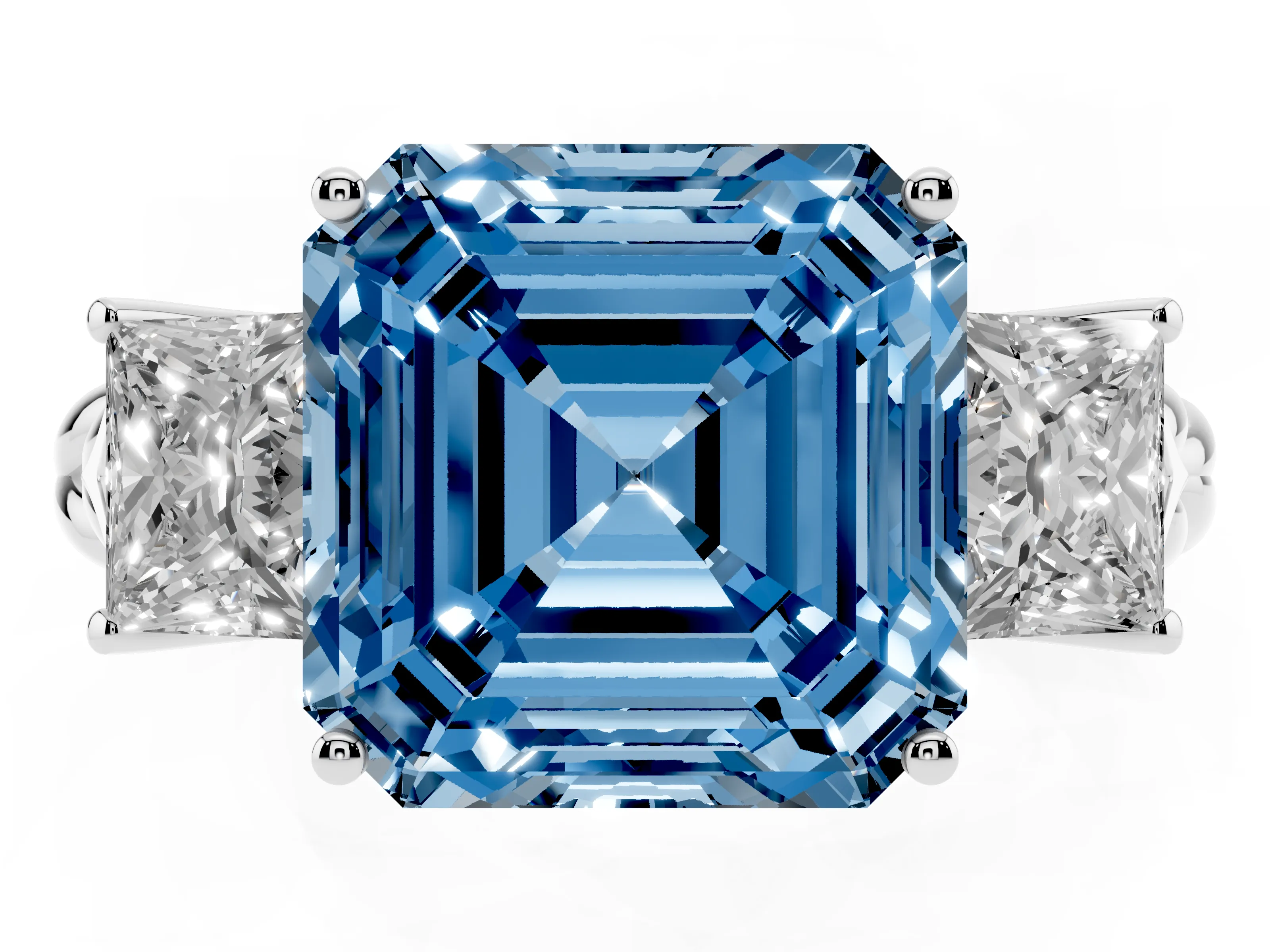Fancy Blue Asscher Cut Diamond Three-Stone Ring Set in White gold with Braided Band