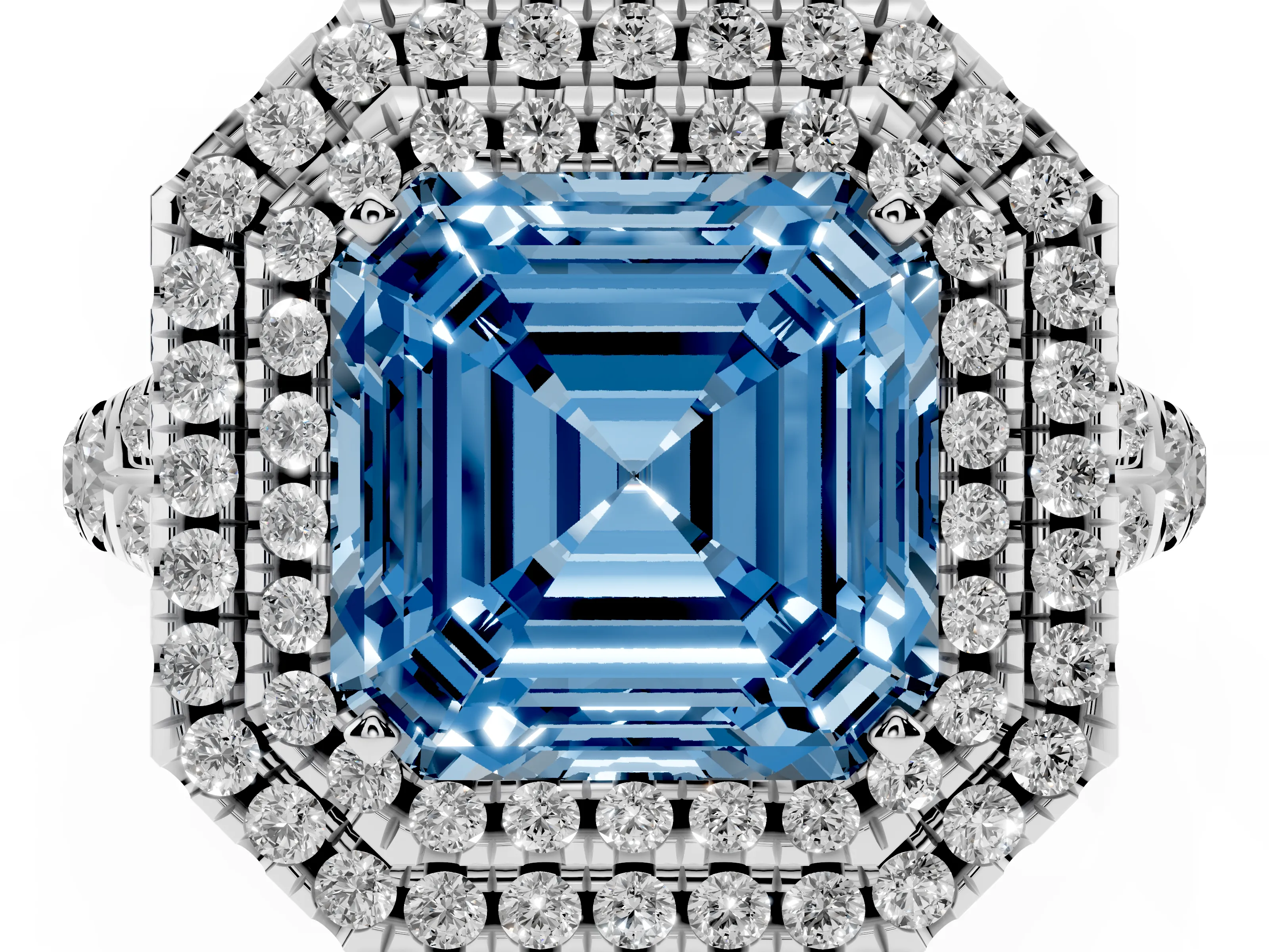 Fancy Blue Asscher Cut Diamond Pavé Split Shank Double Halo Engagement Ring Set in Platinum