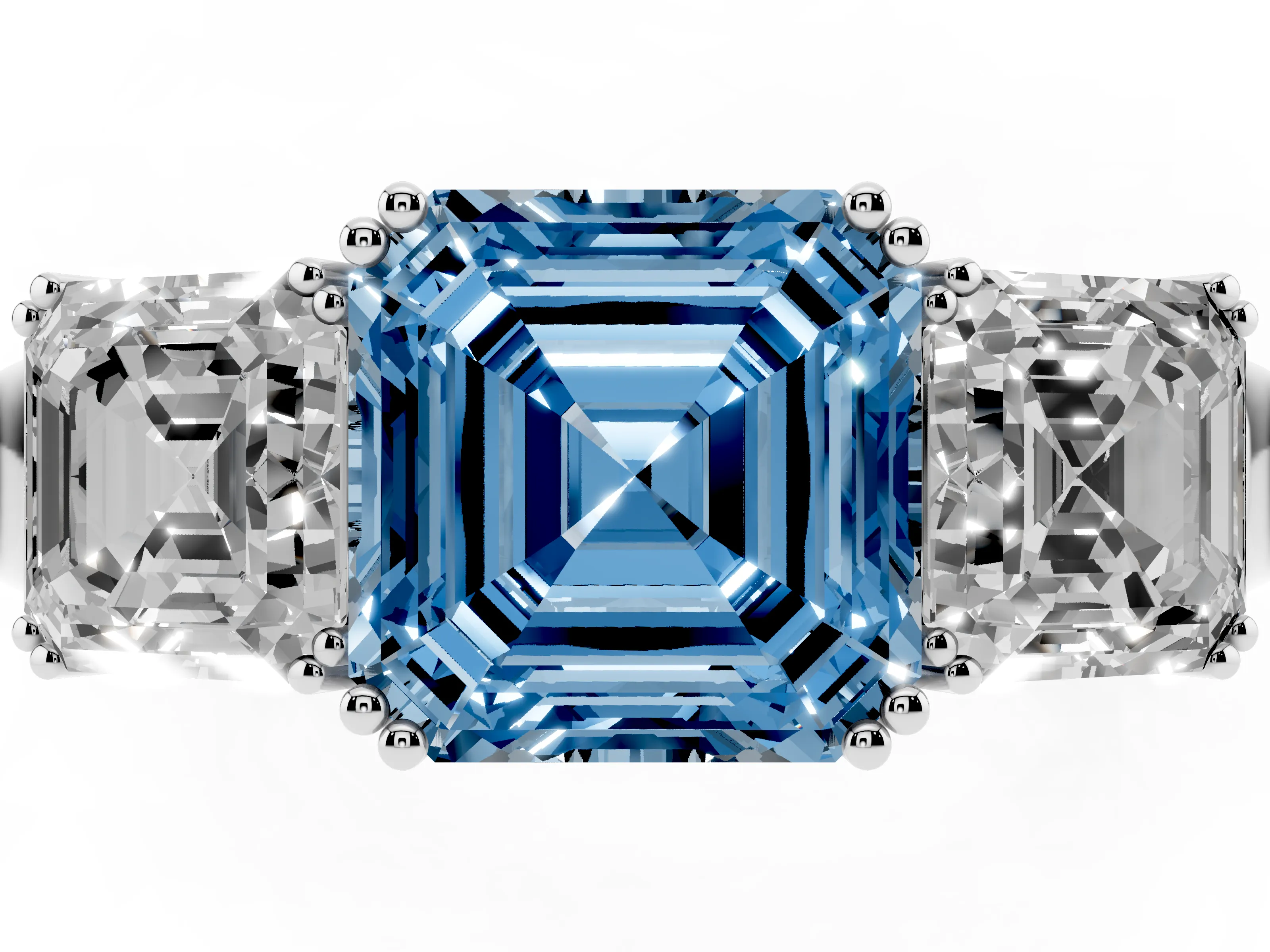 Fancy Blue Asscher Cut Diamond Three-Stone Ring Set in Silver with Polished Band and Prong Setting