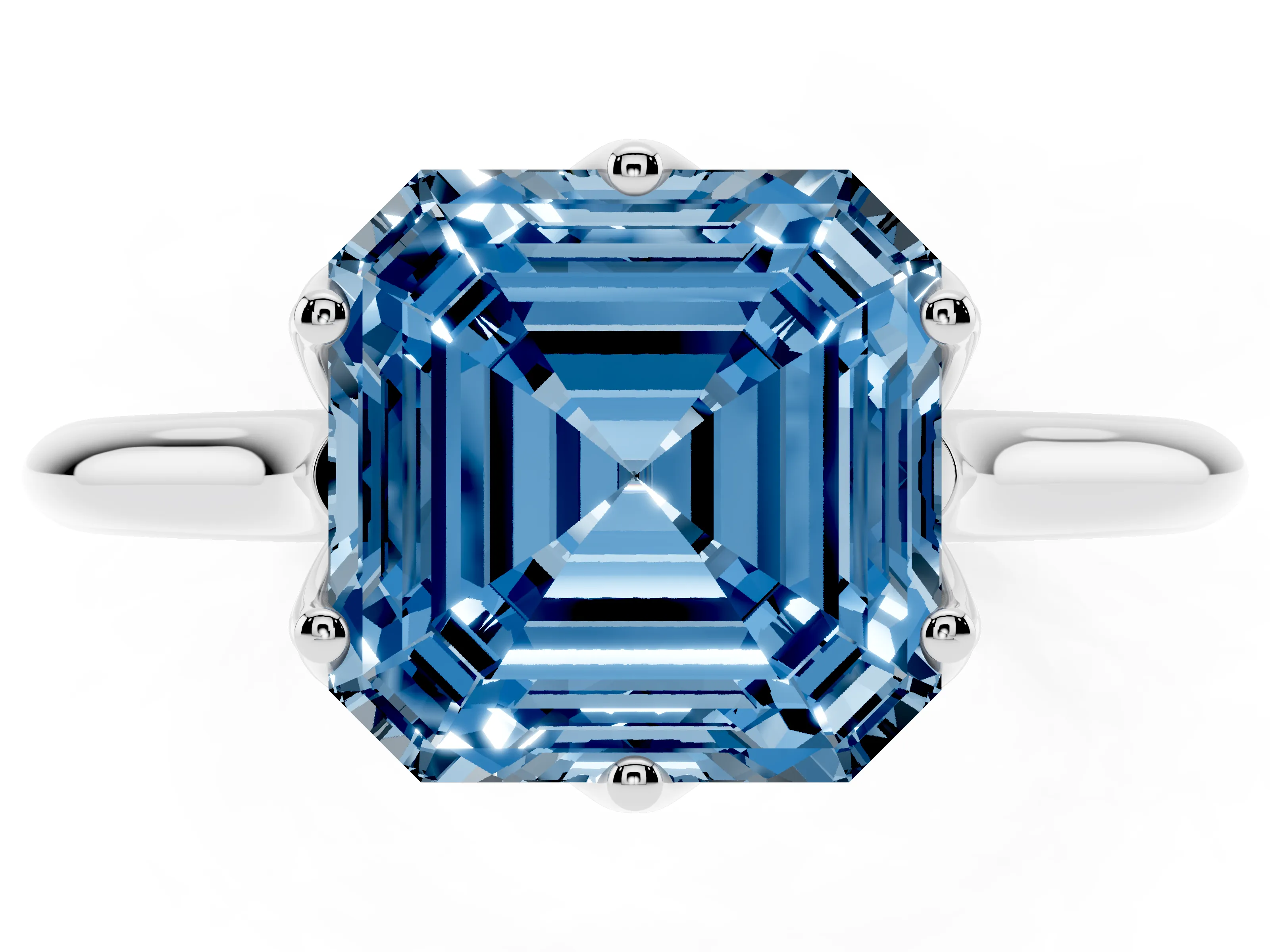 Fancy Blue Asscher Cut Diamond Solitaire Cathedral Ring Set in Platinum with Prong Setting