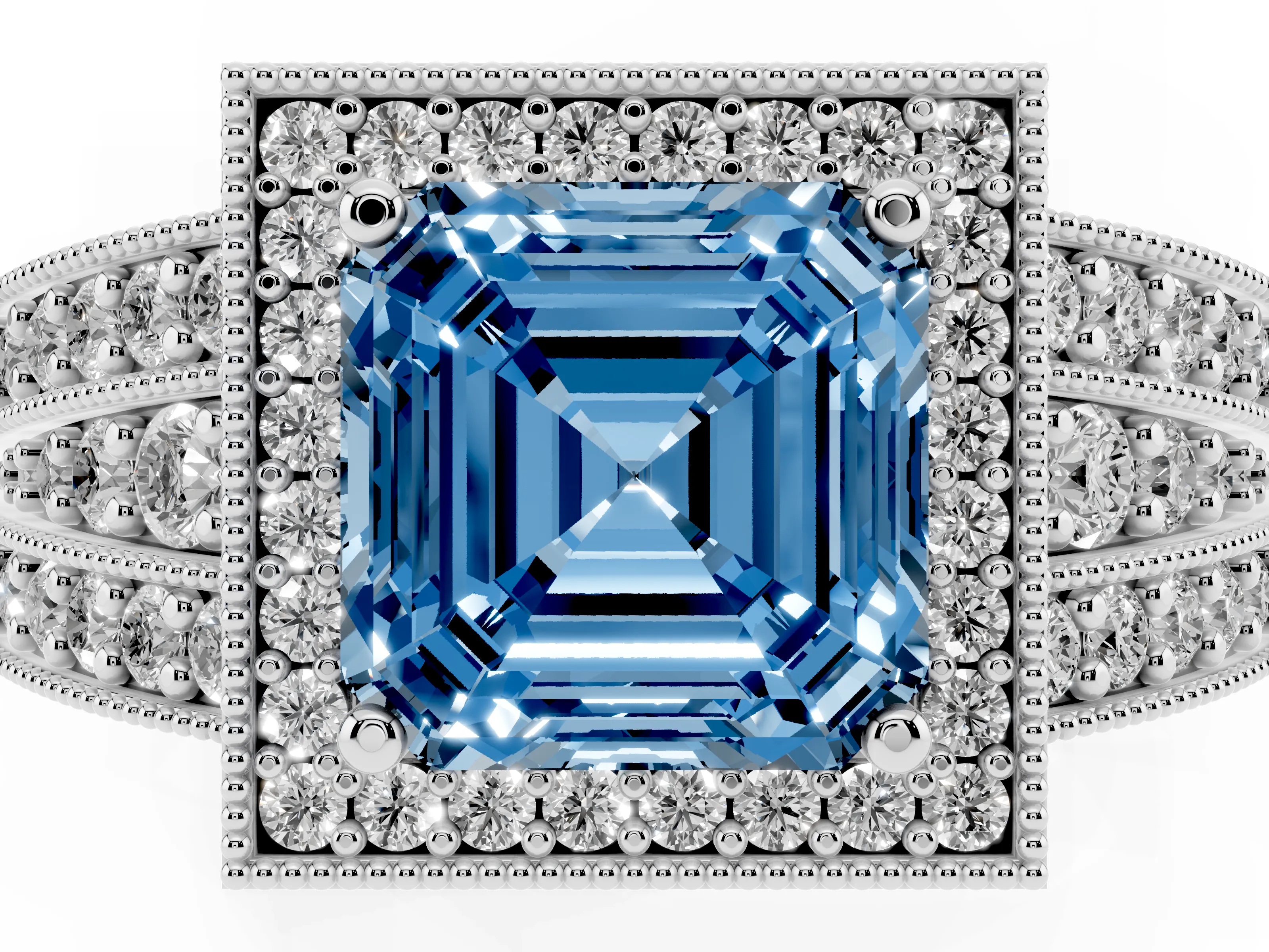 Fancy Blue Asscher Cut Diamond Halo Ring Set in Silver with Accent Split Shank and Prong Setting