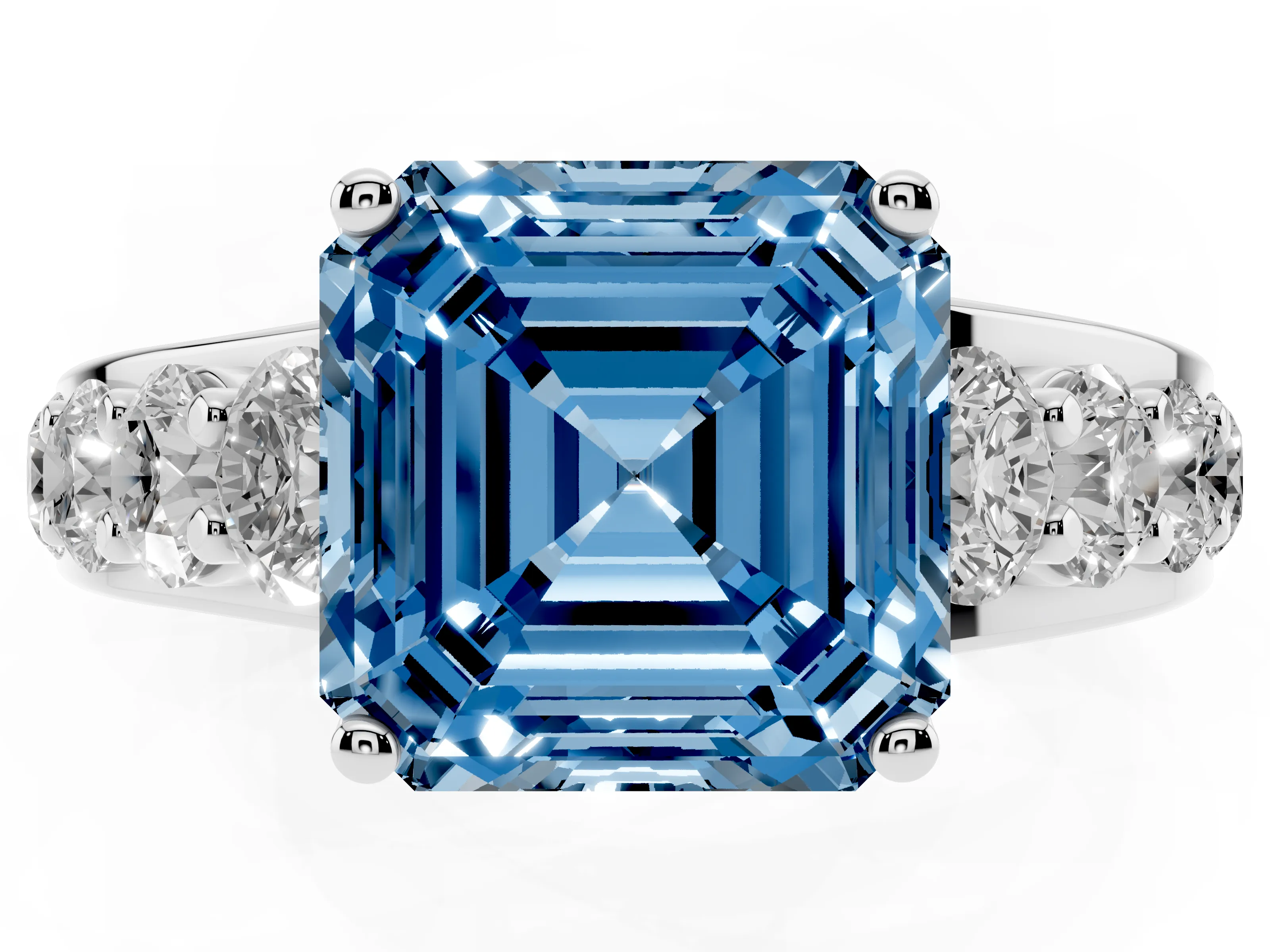 Fancy Blue Asscher Cut Diamond Pavé Engagement Ring Set in Platinum with Prong Setting