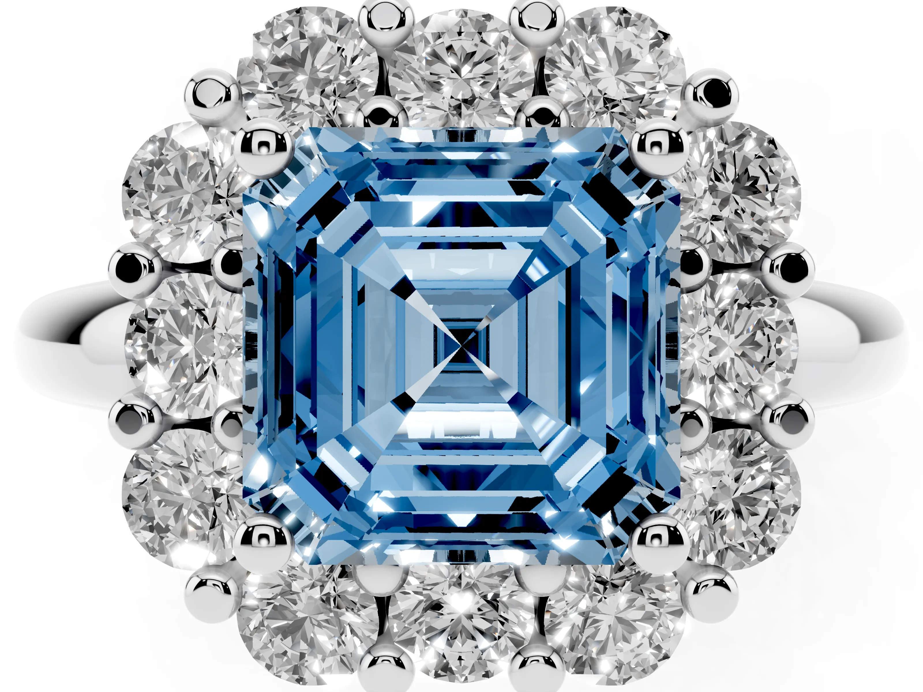 Fancy Blue Asscher Cut Diamond Halo Cluster Engagement Ring Set in Silver with Polished Band and Prong Setting