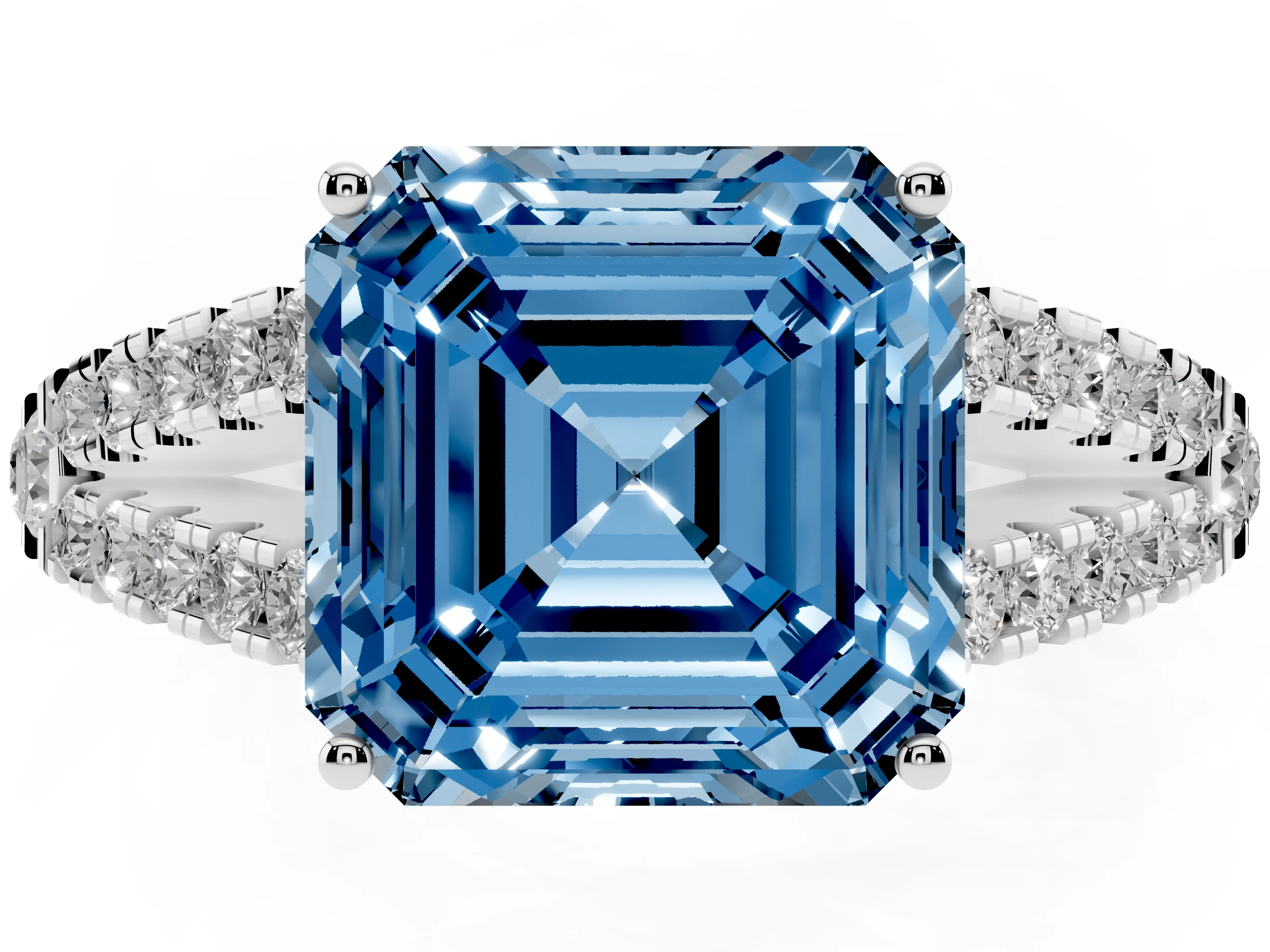Fancy Blue Asscher Cut Diamond Split Shank Engagement Ring Set in Silver with Round Pavé and Prong Setting