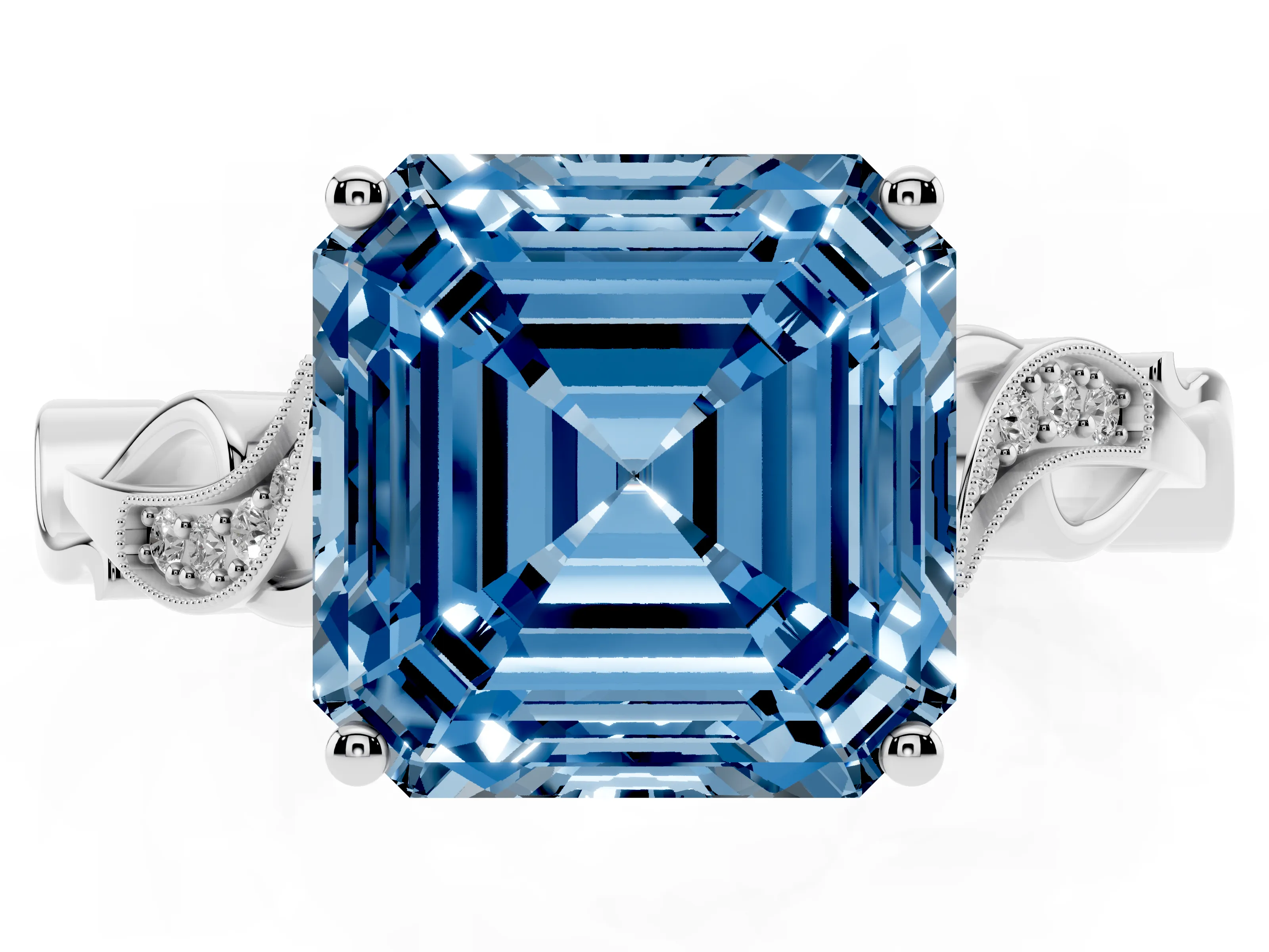 Fancy Blue Asscher Cut Diamond Vine Band Solitaire Ring Set in Platinum with Milgrain Prong Setting