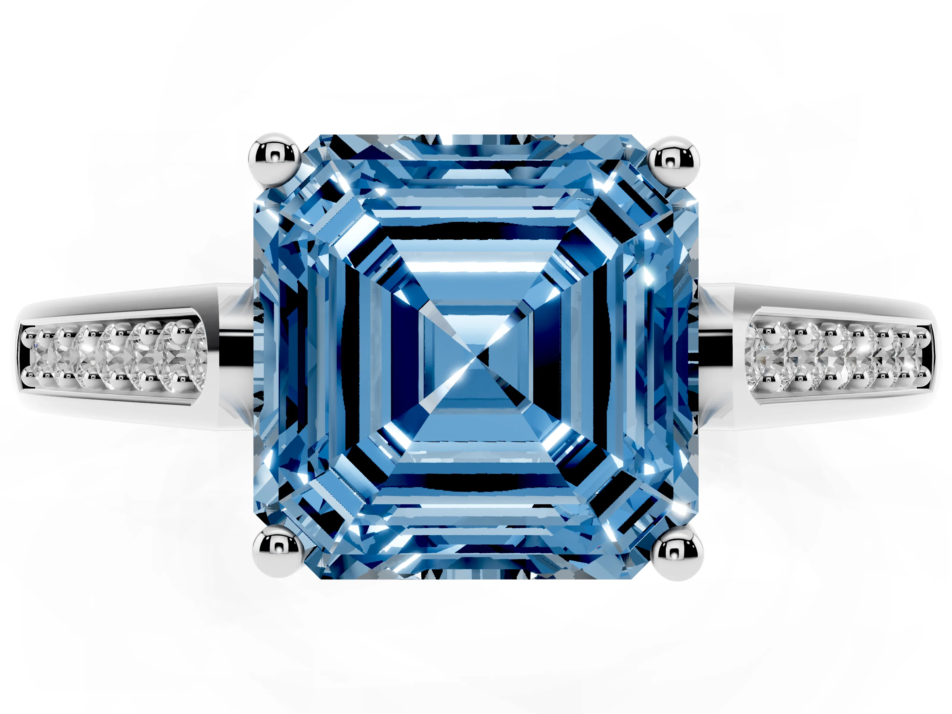 Fancy Blue Asscher Cut Diamond Solitaire Cathedral Engagement Ring Set in White gold with Channel-Set Band and Prong Setting