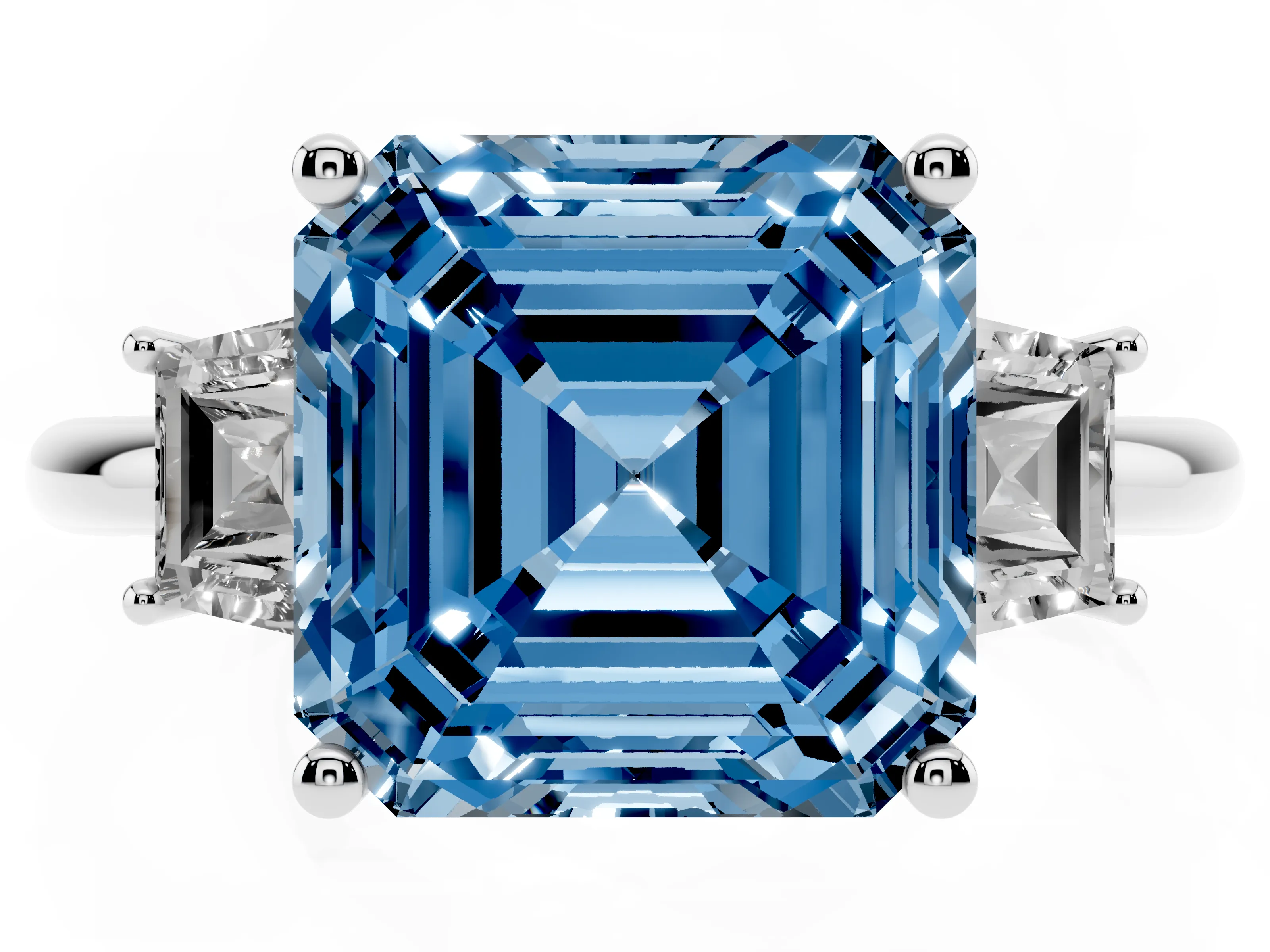 Fancy Blue Asscher Cut Diamond Three-Stone Ring Set in Platinum with Trapezoid Side Stones and Prong Setting